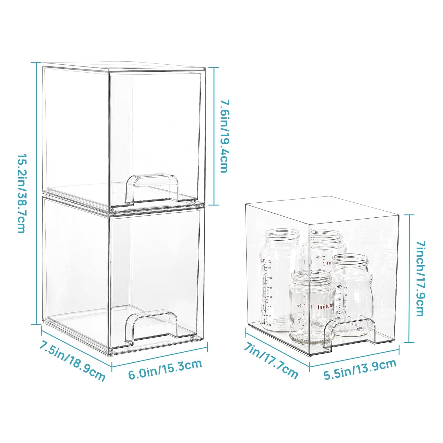 Vtopmart 4 Pack Clear Stackable Storage Drawers,7.6" H Plastic Organizers Bins for Skincare, Bathroom Supplies,Ideal for Cabinet,Under sink,Vanity,Kitchen,Pantry Organization
