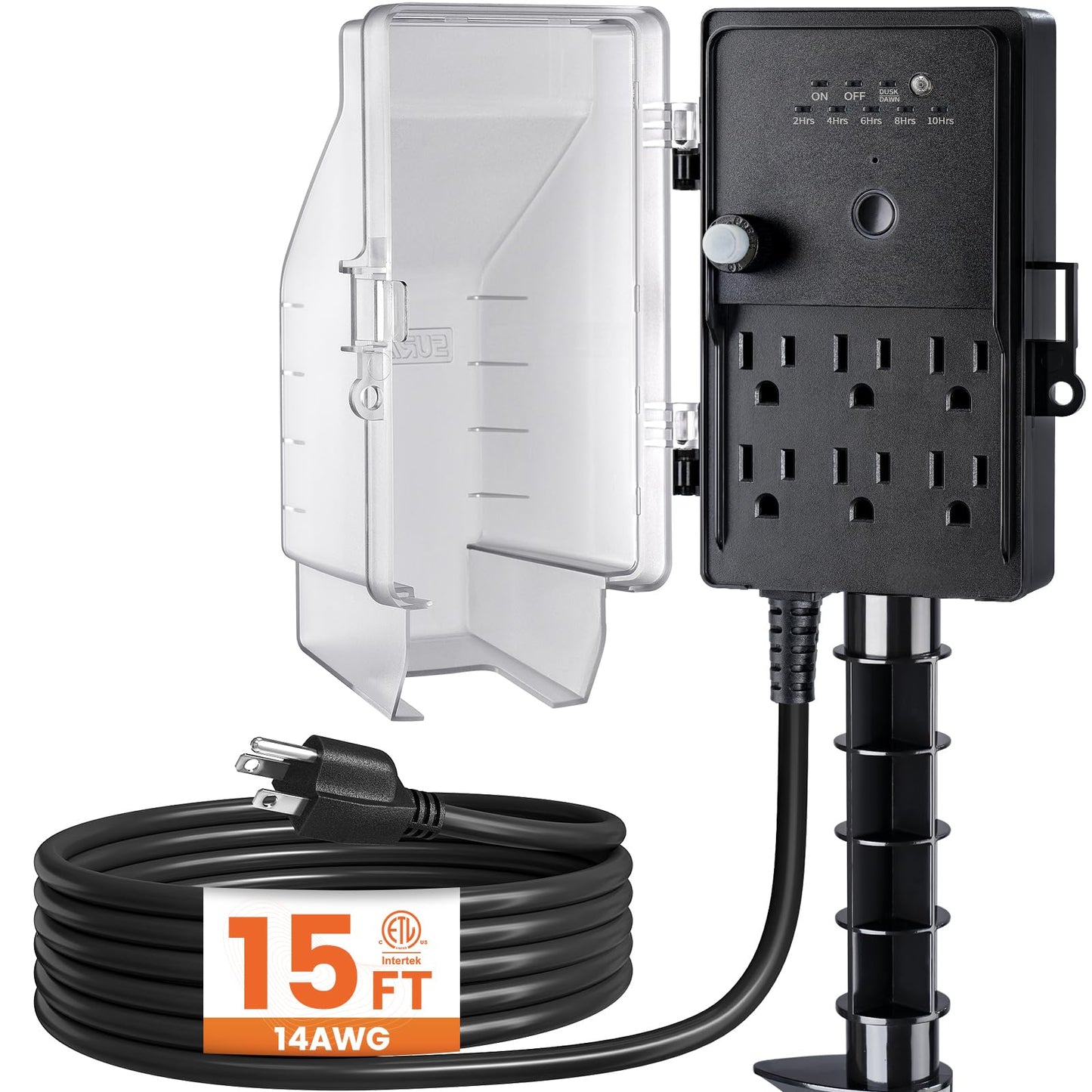 SURAIELEC Outdoor Power Stake, Dusk to Dawn Light Timer, 15FT Extension Cord Multiple Outlet; 6 Electrical Outlet Power Strip Weatherproof, for Patio Lights, Sprinkler, Garden, Christmas Decorations