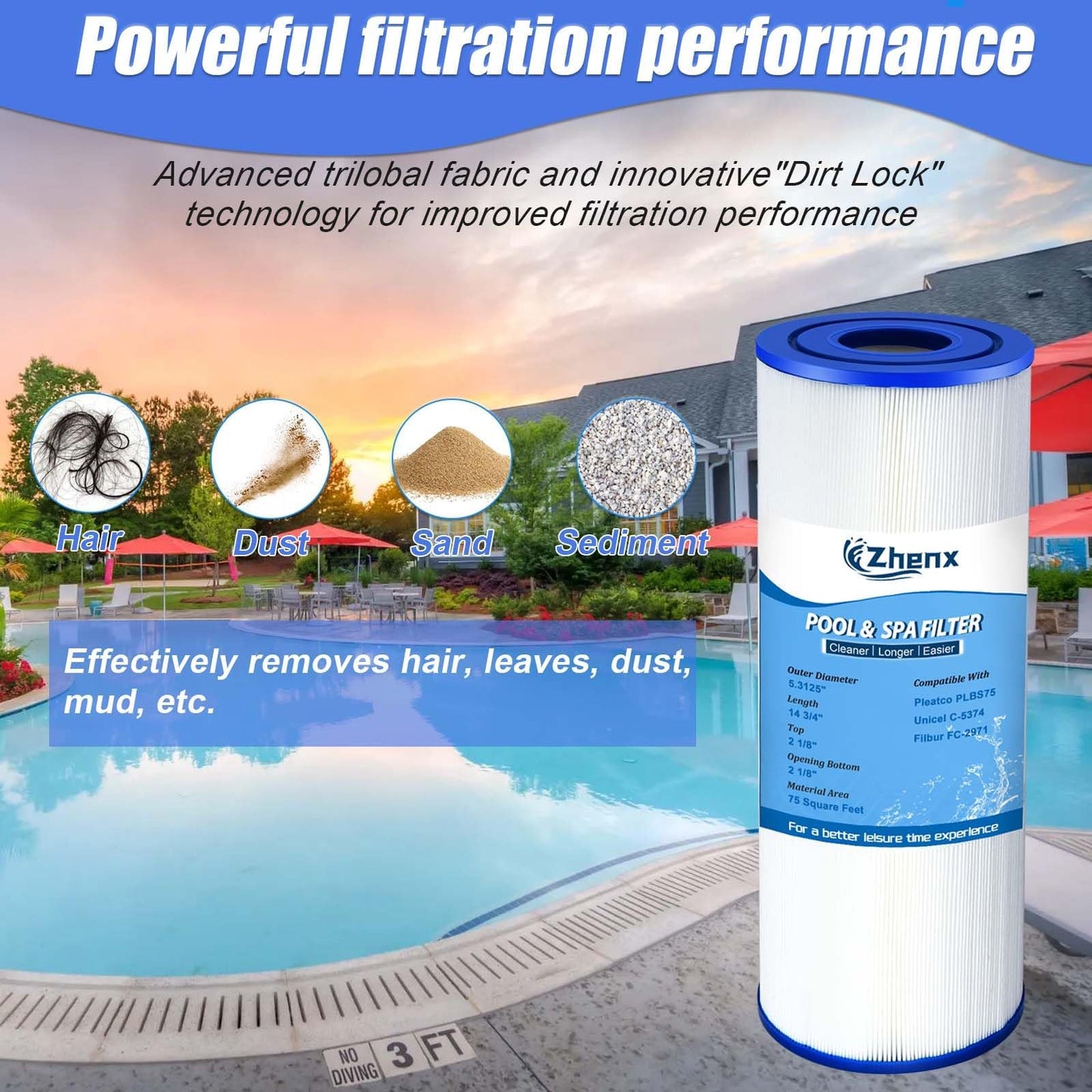 Zhenx C-5374 ‎Spa Filter Cartridge, Compatible with Unicel C-5374, Filbur FC-2971, PLBS75, Filter Area: 75 sq. ft, 2 Pack.