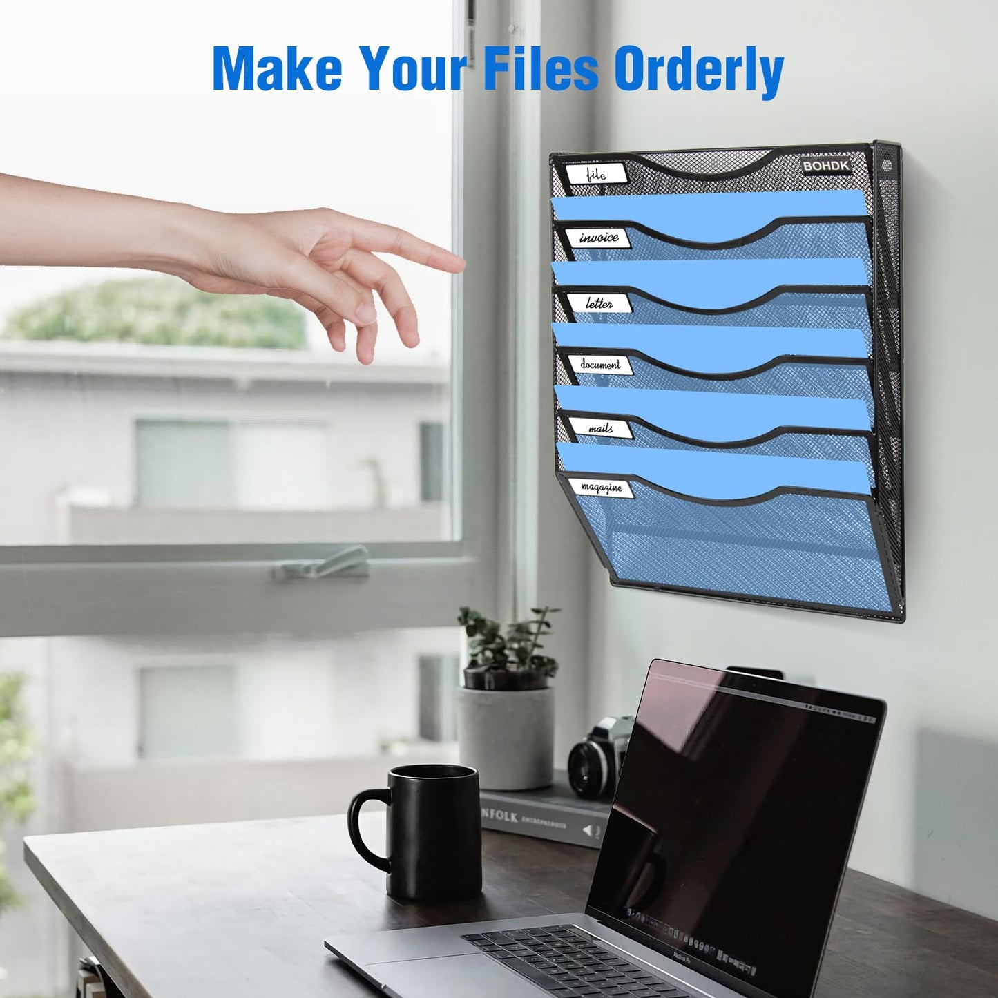BOHDK Wall File Organizer, 6 Tier Hanging File Folder Mail Organizer, Vertical Mesh Metal Wall Mount Hanging File Holder, Paper Document Magazine Rack for Home Office Black