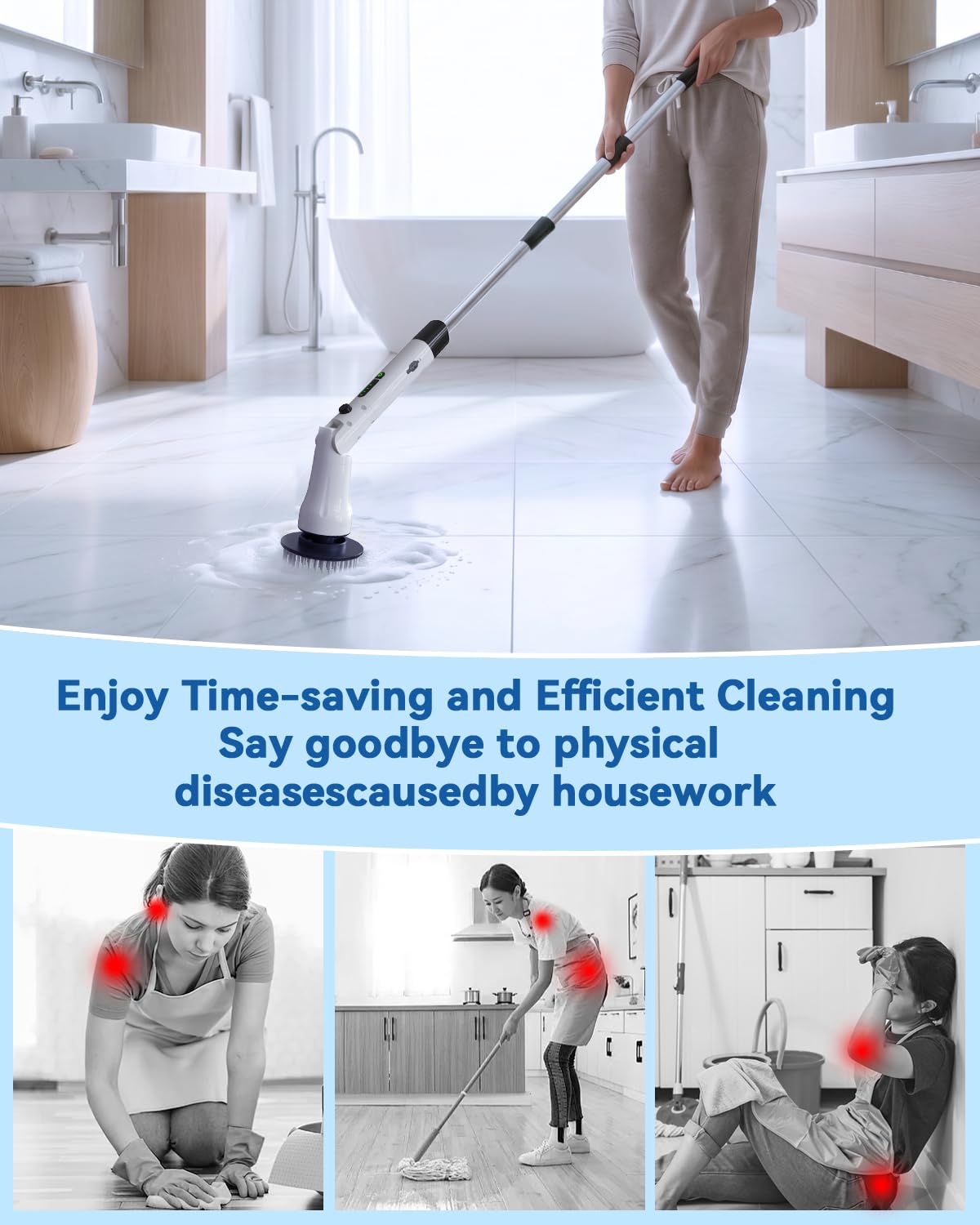 Electric Spin Scrubber, Hillyfe Power Shower Cleaning Brush with 8 Replaceable Brush Heads, IPX7 Waterproof, 2 Speeds (300/400 RPM) Electric Scrubber with Wall Mount Hook for Bathtub, Floor