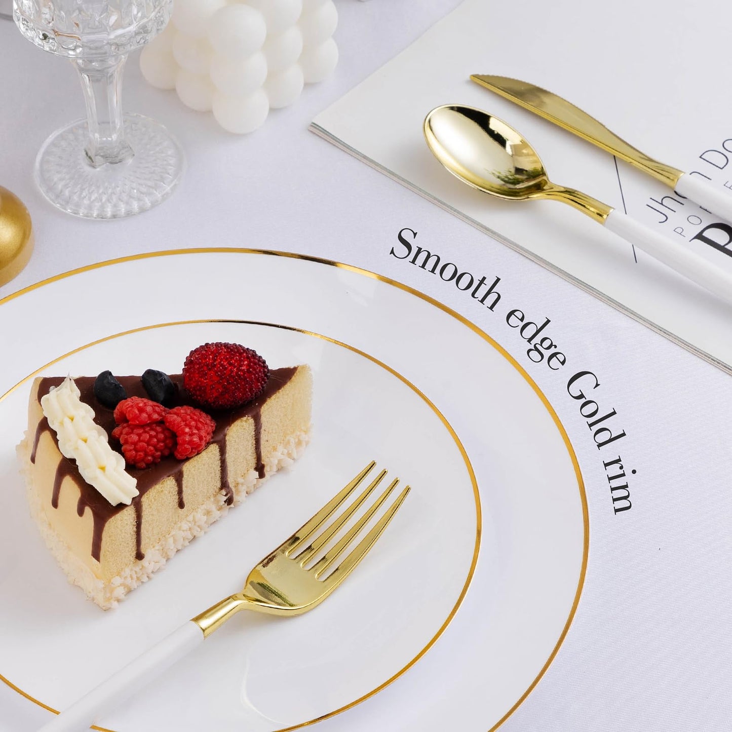 Goodluck 100 PCS Gold and White Plastic Plates, 7 inch White Disposable Plates for Party, Plastic Dessert/Salad Plates