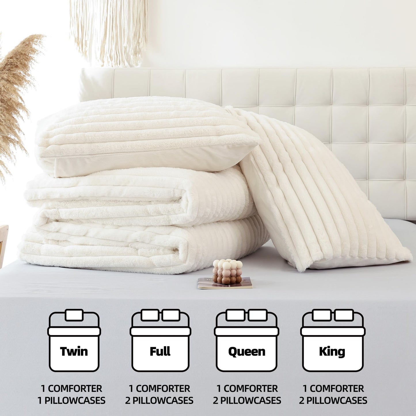 YIKUSH Fluffy Queen Comforter Set 3 Pieces - Cream White Fleece Fluffy Comforter Queen Set, Luxury Fuzzy Queen Bed Set, Soft & Warm Bed Comforter Queen with 2 Pillow Cases