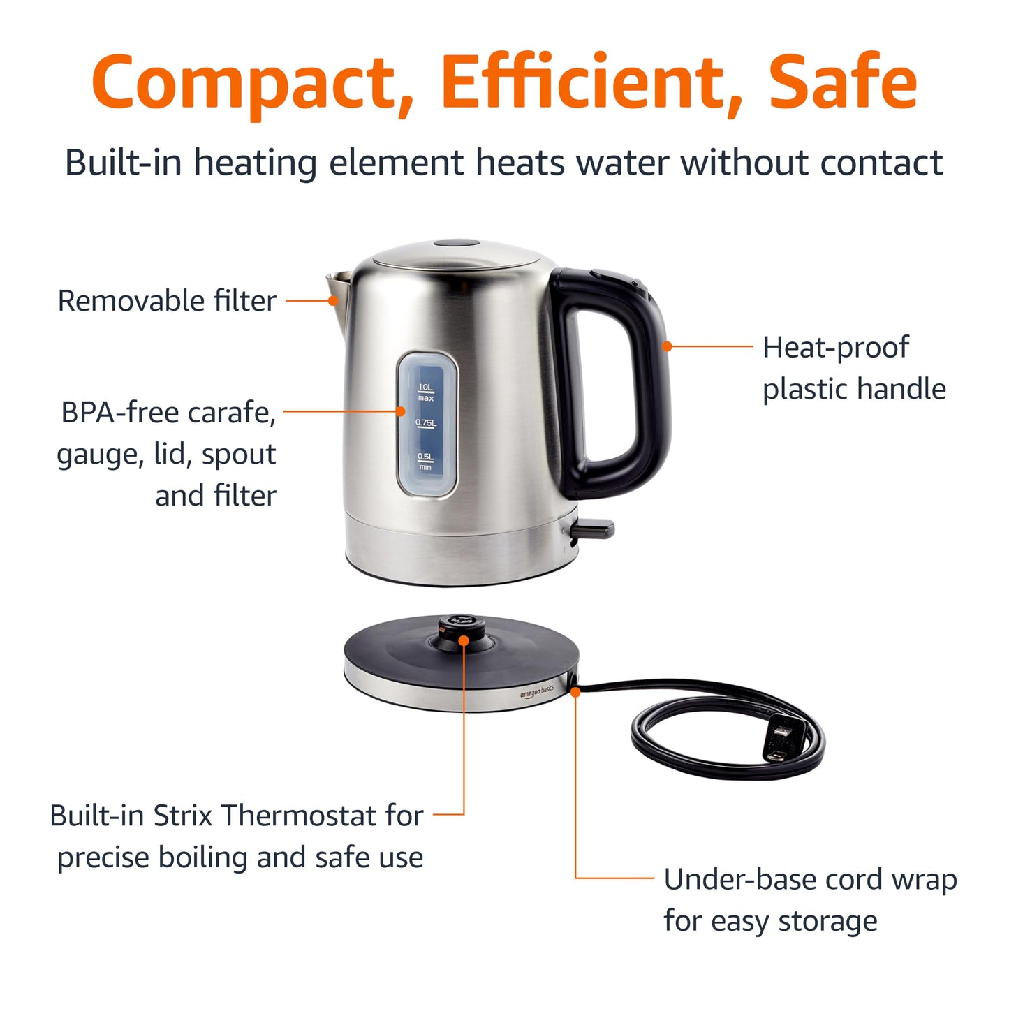 Amazon Basics 1.1-Qt (1.0L) Electric Kettle, Electric Tea Kettle & Water Boiler, With Auto Shut-Off, Boil Dry Protection, High-Safety Strix Thermostat, BPA-Free, 1500W, Stainless Steel, Black & Silver
