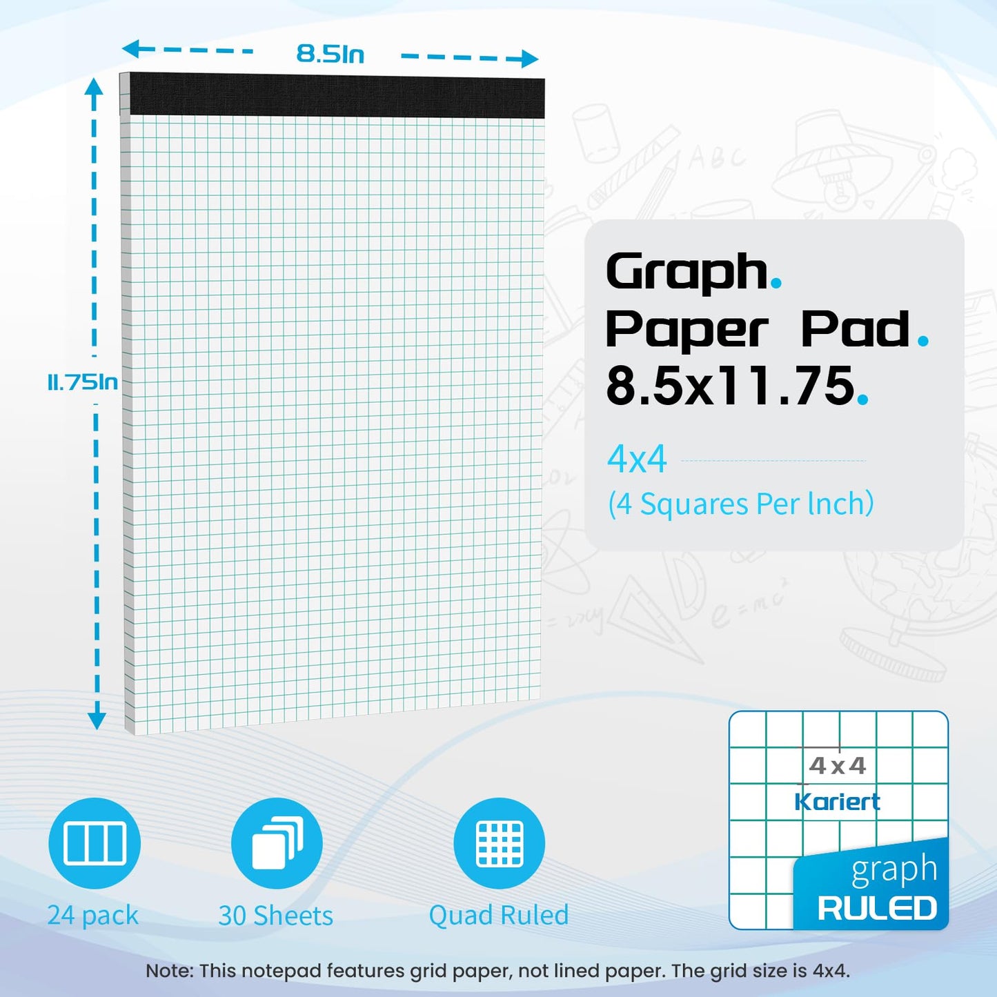 Graph Paper Pads 8.5 x 11 Graph Paper Notebook, 24 Pack 4x4 Quad Grid Paper, 30 Sheets Lined Paper Grid Notebook, Grid Paper Notebook 8.5 x 11 Engineering Paper for Drawing, Designing, Math Sketching
