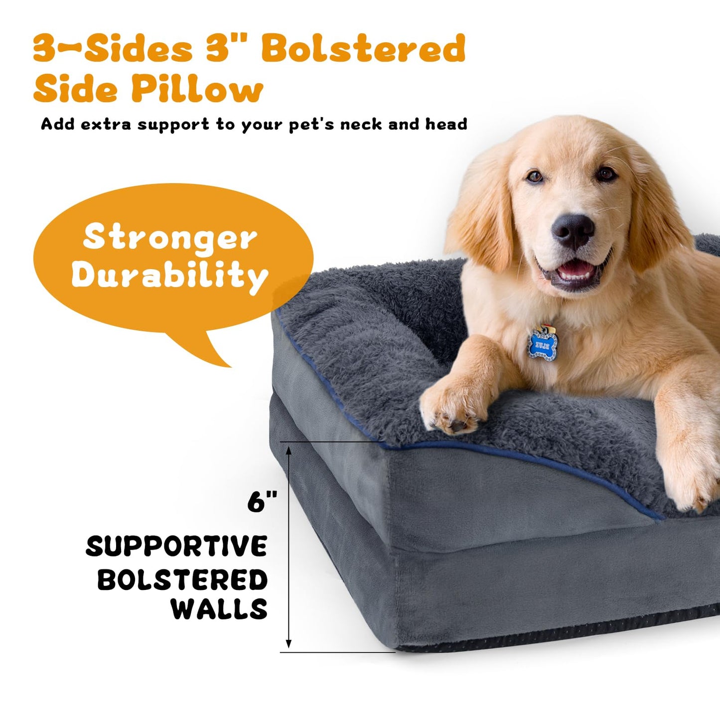Bnonya Orthopedic Dog Bed, Dog Bed for Large Dogs, Bolster Pet Bed Couch with Removable Washable Cover, Egg Foam and Nonskid Bottom