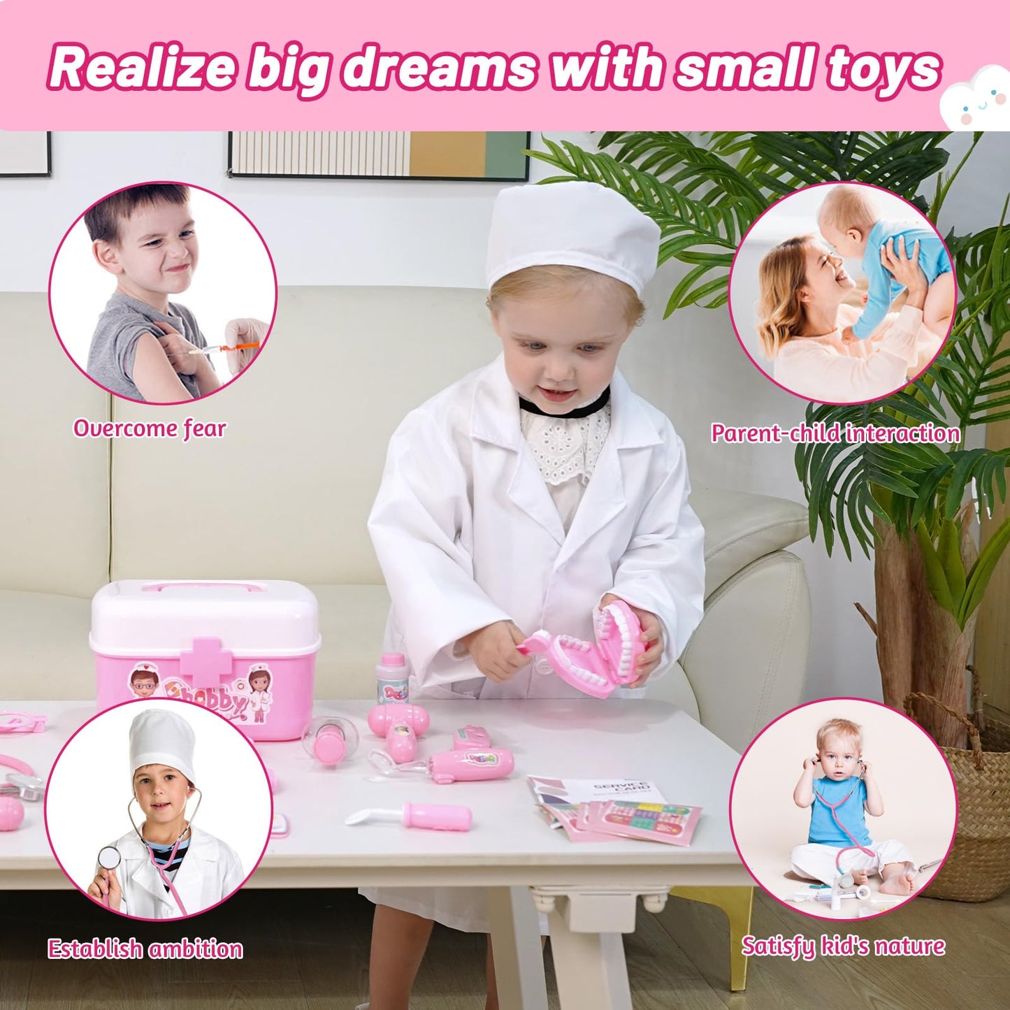 Phobby Durable Doctor Kit for Kids, 27 Pcs Deluxe Pretend Play Medical Kit Toy with Real Stethoscope, Doctor Kit for Toddlers Boys Girls Christmas Birthday Gift Aged 3 4 5 6 7 8(Pink)