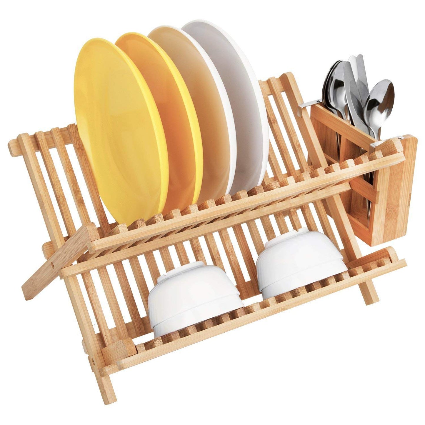 Lawei Bamboo Dish Drying Rack with Utensil Holder - Collapsible Dish Drainer Foldable Dish Rack Bamboo Plate Rack for Plates, Cups, Mugs, Utensil, Flatwares