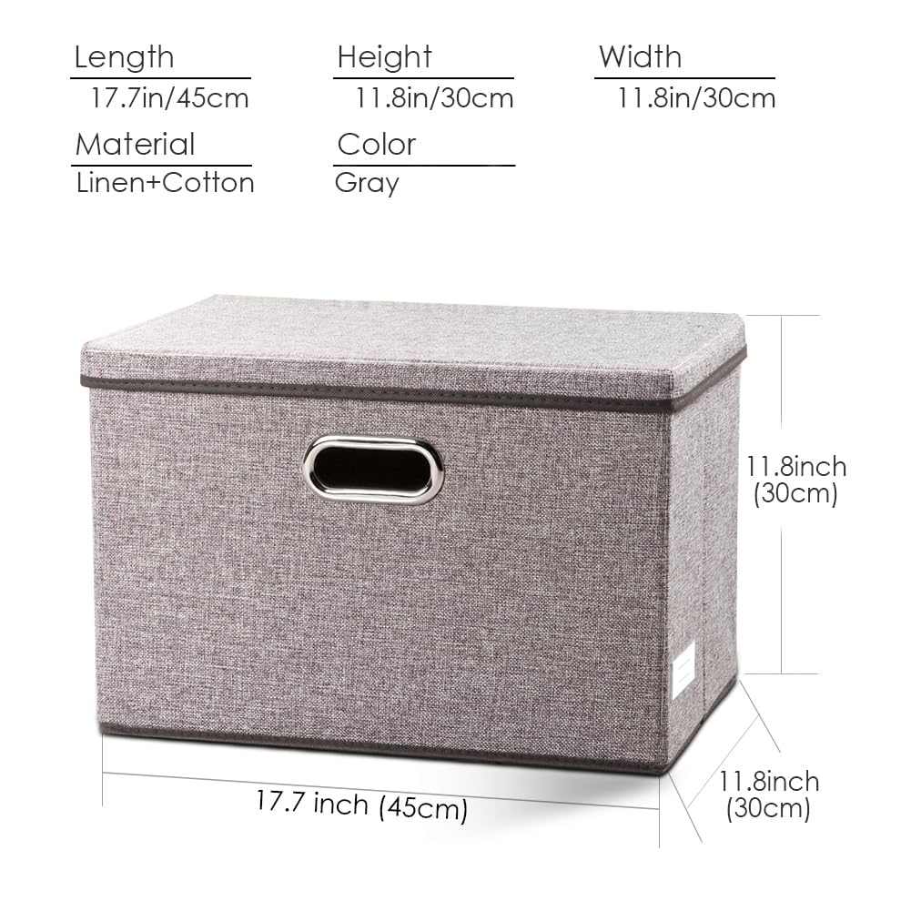 PRANDOM Large Collapsible Storage Bins with Lids [3-Pack] Linen Fabric Foldable Storage Boxes Organizer Containers Baskets Cube with Cover for Home Bedroom Closet Office Nursery (17.7x11.8x11.8")