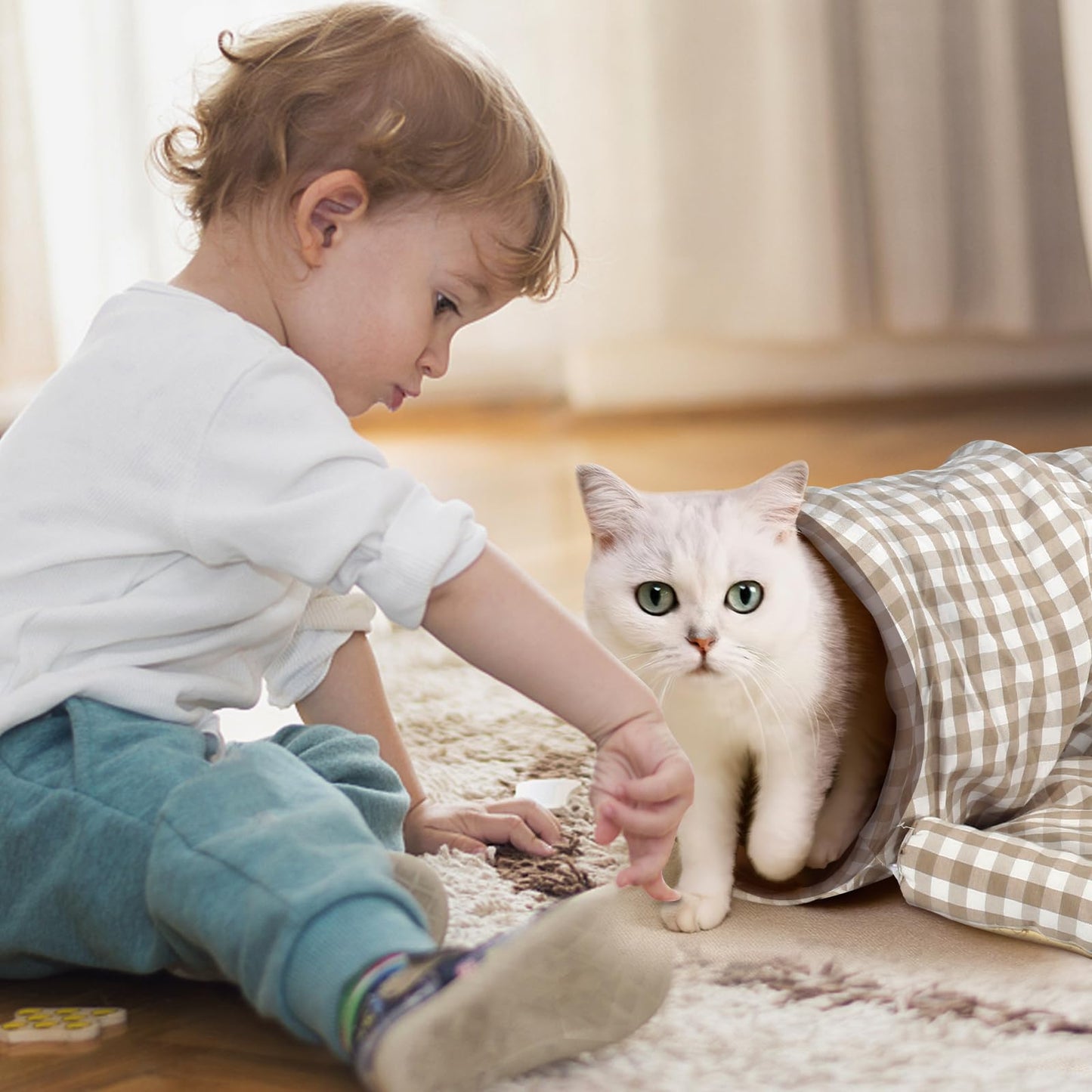 Bunny Tunnel Bed, 2-in-1 Collapsible Tunnel Tubes Toys with Removable Mat Hideout for Cats Kittens Rabbits Guinea Pigs Kitty