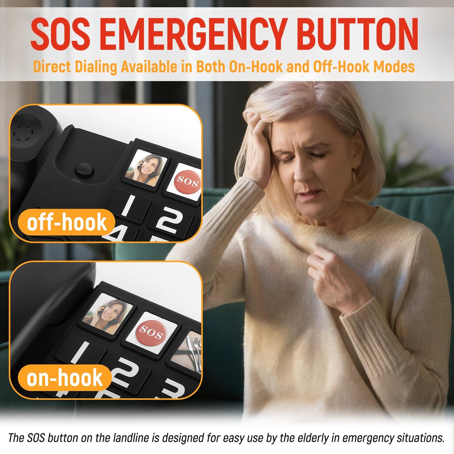 Uvital Big Button Phone for Seniors, Corded Landline Phone with 2 One-Touch Dialing Big Buttons and 1 SOS Emergency Button, Hands-Free Calling, Black Senior Telephone for Visually Impaired