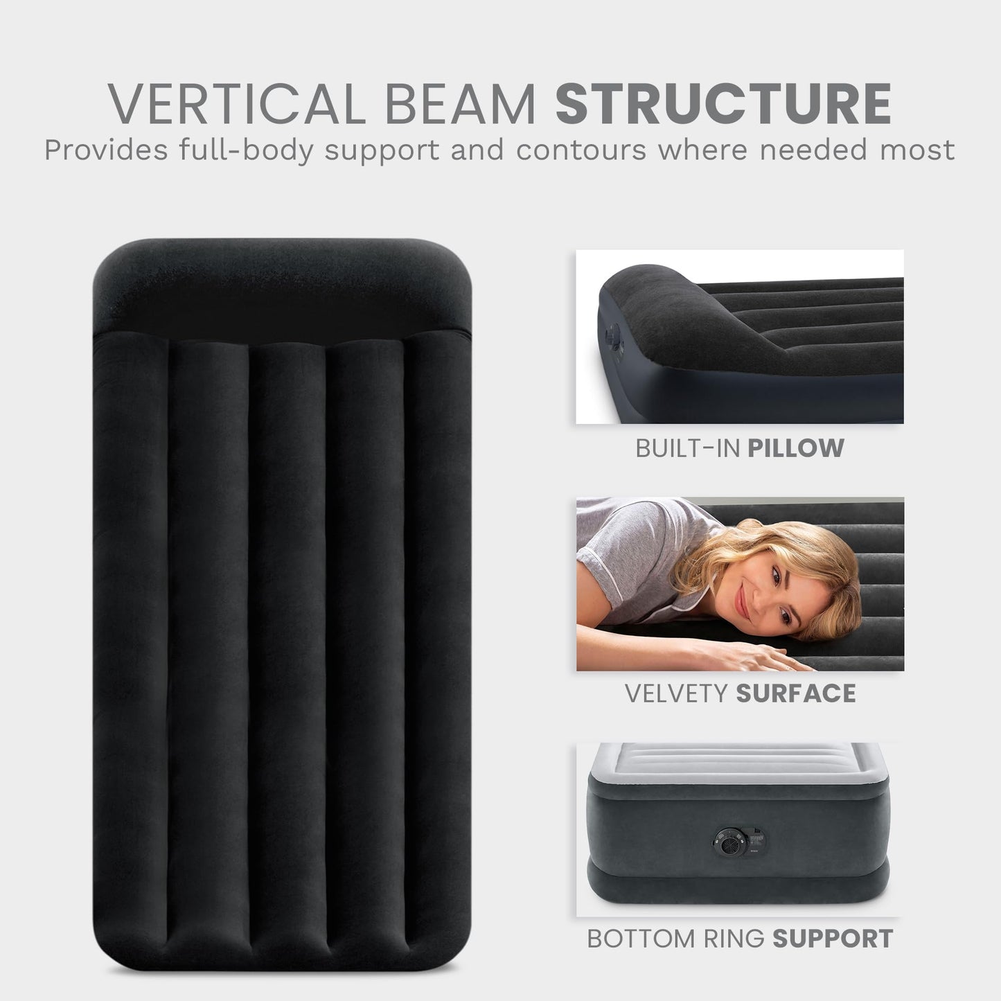 INTEX 64121ED Dura-Beam Plus Pillow Rest Air Mattress: Fiber-Tech – Twin Size – Built-in Electric Pump – 16.5in Bed Height – 300lb Weight Capacity