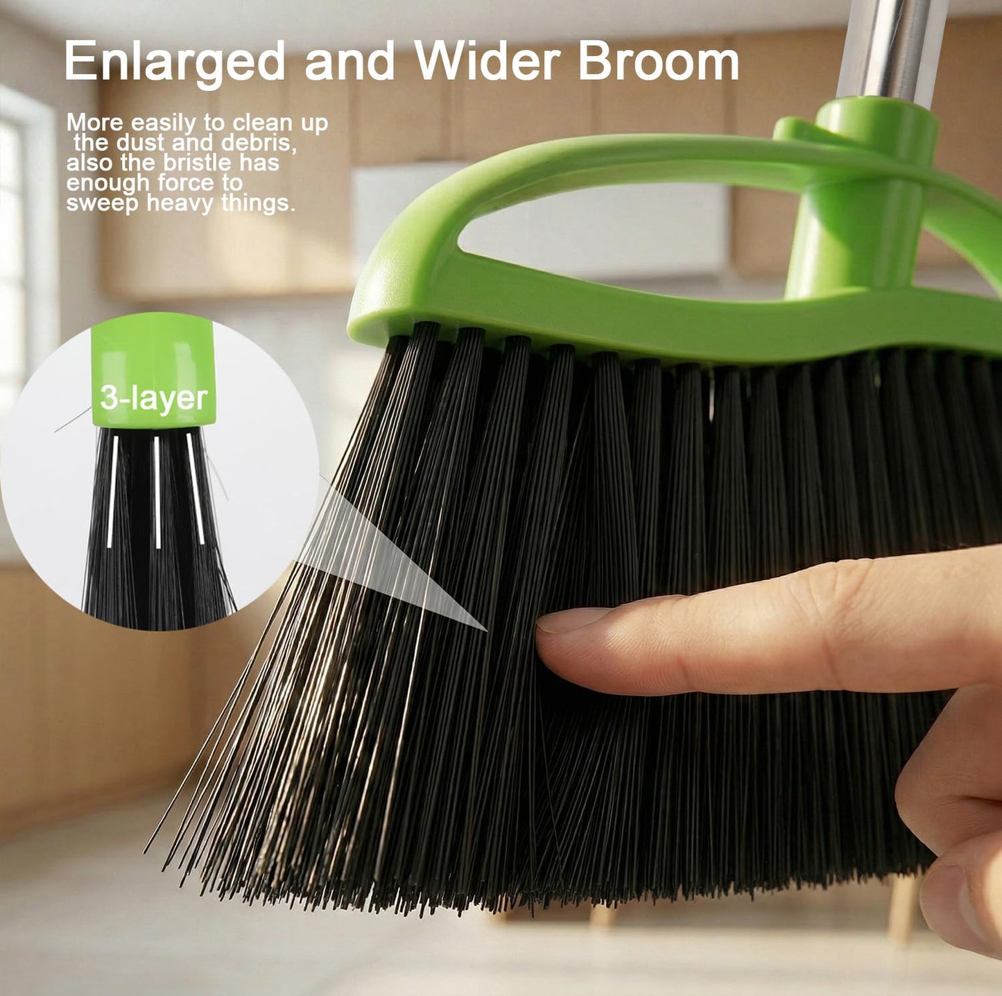 3 Packs Indoor Brooms Green Angle Broom Soft Bristles Long Handle for Hardwood Floor Sweeping