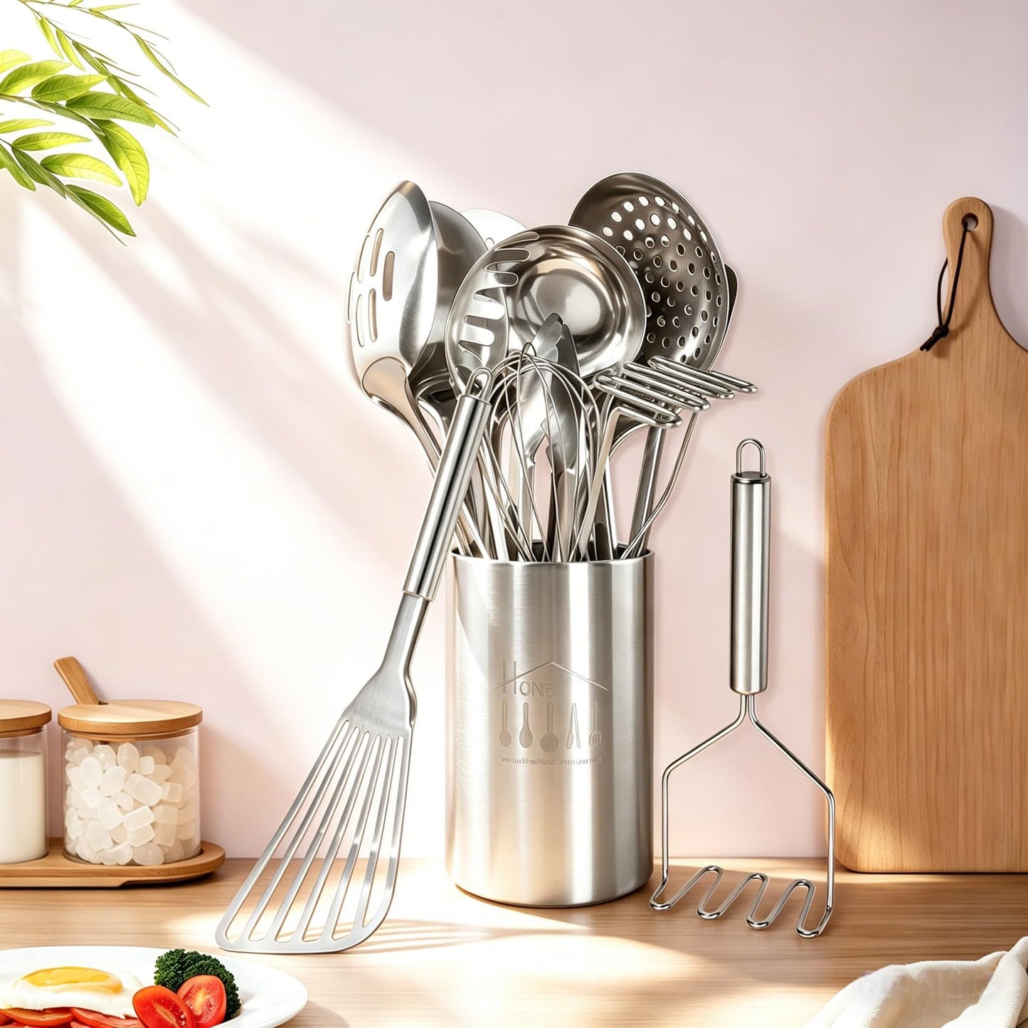 Stainless Steel Kitchen Utensils Set - 12pcs Cooking Utensil Set with Holder, Heat Resistant Metal Spatula Sets for Cooking, Stainless Steel Utensils Set with Turner Potato Masher Spoon Tong Whisk
