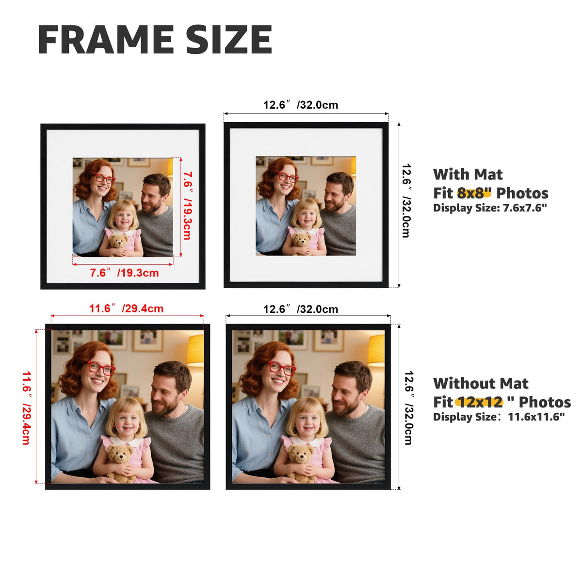 Giftgarden 12x12 Picture Frame Black Set of 16, Matted to 8x8 Photo with Mat, Lightweight Square Gallery Frames for Wall Hanging Display