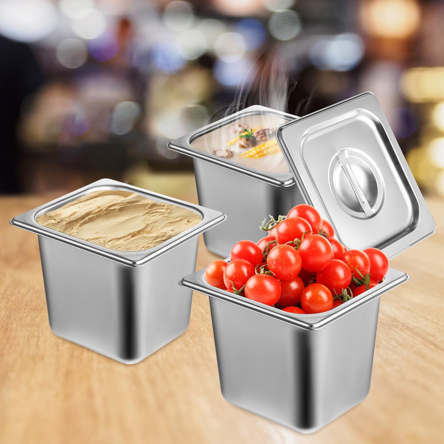 6 Pack Stainless Steel Hotel Pans with Lid 1/6 Size x 6" Deep Steam Table Pan 0.8 mm Thick Commercial Food Storage Containers Anti Jam Pan Stainless Steel Steamer Pan for Hotel Restaurant Buffet