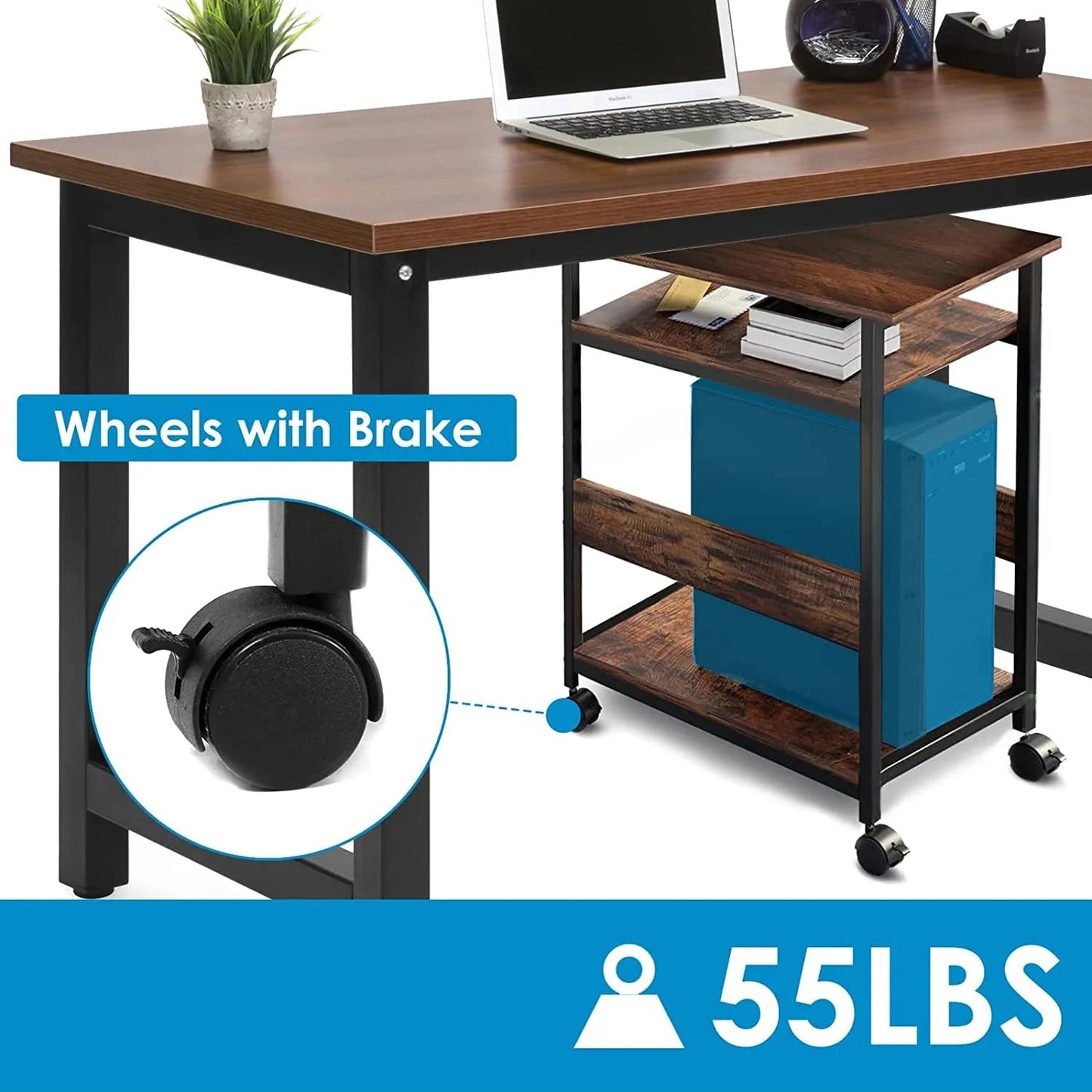 Printer Stand, Printer Rack with Casters, Desk Side Cart, Mobile Printer Stand, Wooden Cart with Rack, Brown