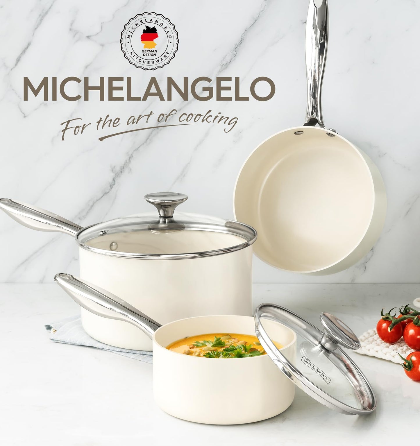 MICHELANGELO Non Stick Sauce Pan Sets, Ceramic Sauce Pan with Lid, Nonstick Saucepan Set, 1Qt & 2Qt & 3 Qt Sauce Pots for Cooking, Non Toxic Sauce Pot, Induction Compatible, White
