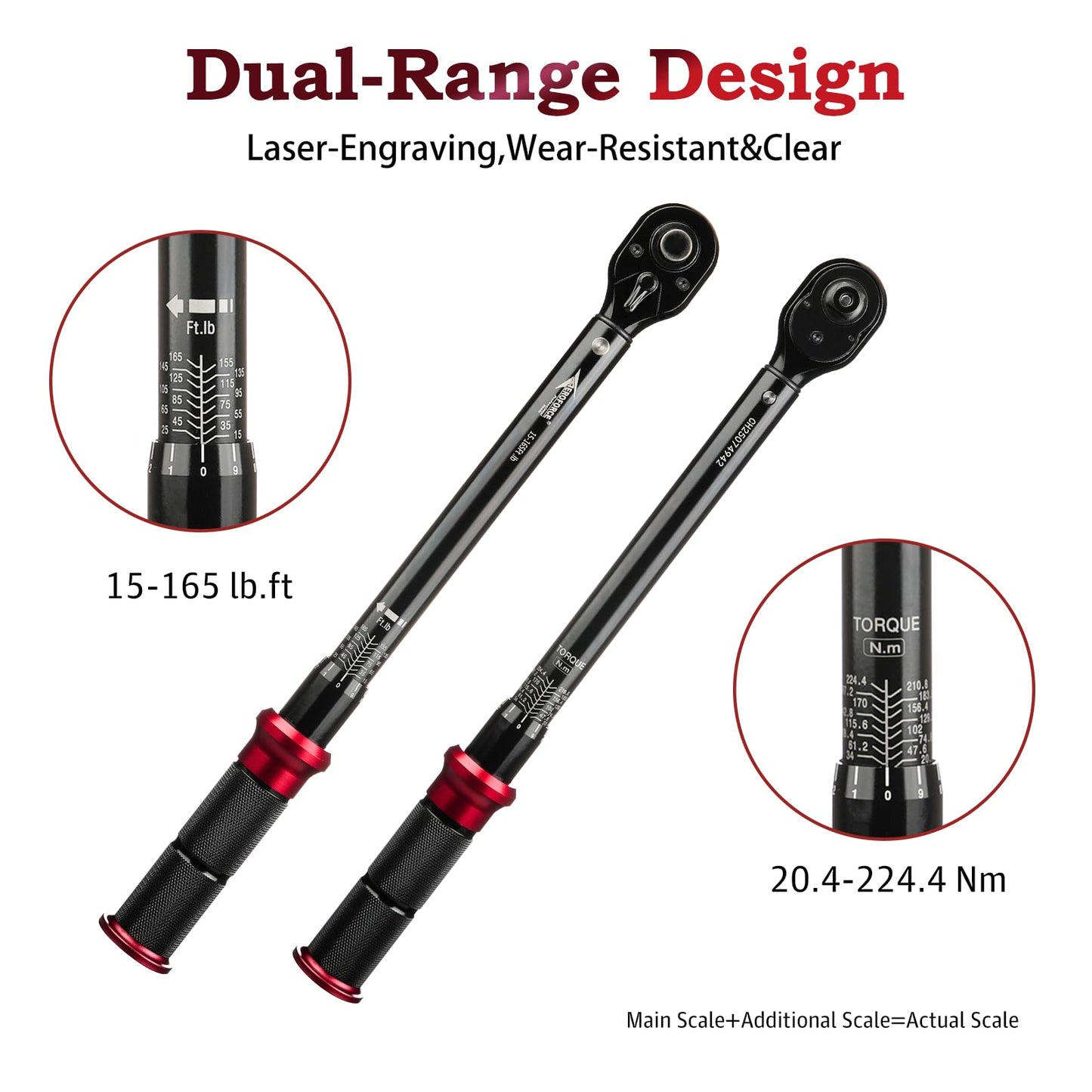 AEROFORCE 1/2-Inch Drive Torque Wrench（15-165 lb.ft / 20.4-224.4 Nm,72 Tooth Dual Direction Reversible Ratchet, Dual Range Scales, Precision Calibrated for Bike, Motorcycle and Car Repair