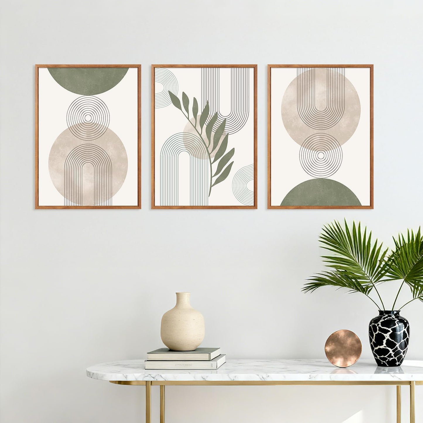HPINUB Sage Green Boho Framed Canvas Wall Art Set, (Set of 3,12X16 Inch) Minimalist Beige Green Botanical Wall Decor, Abstract Geometric Line Leaf Painting for Living Room,Bedroom,Office Decor