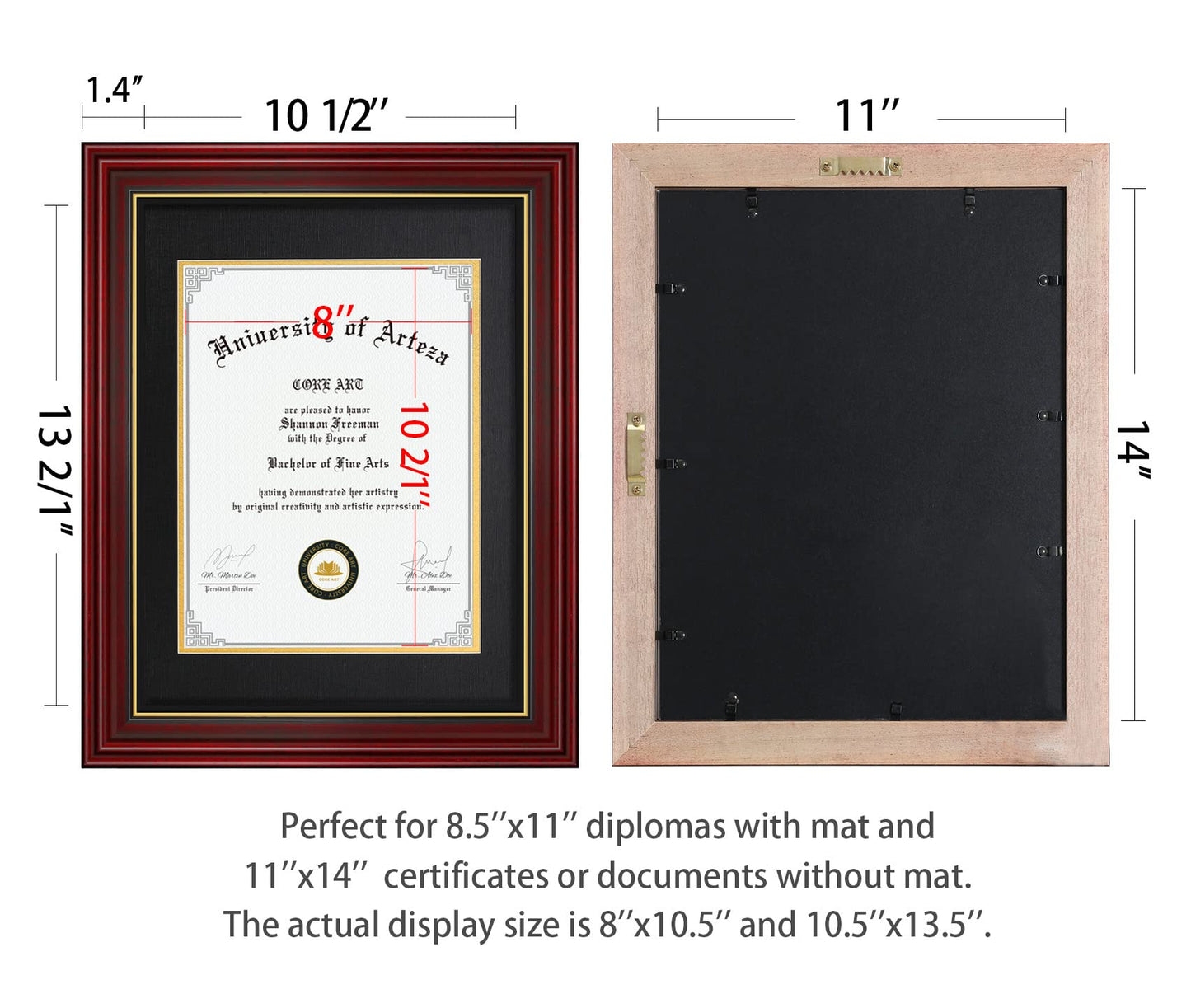 CORE ART 11x14 Diploma Frame Display Certificates 8.5 x 11 with Black Mat or Documents 11 x 14 without Mat, College Degree Wooden Frame with Tempered Glass for Wall and Tabletop Display(Cherry Red)