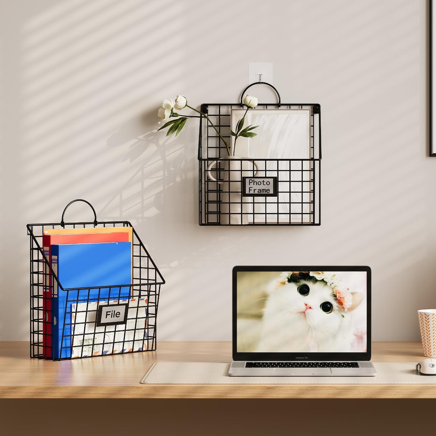 Yuzehuaza Hanging Wall File Organizer Metal Wall Mounted File Holder Folder with Handles and Hooks, Magazine Document Rack, for Home Office or Decor, 3 Packs (Patent Pending)