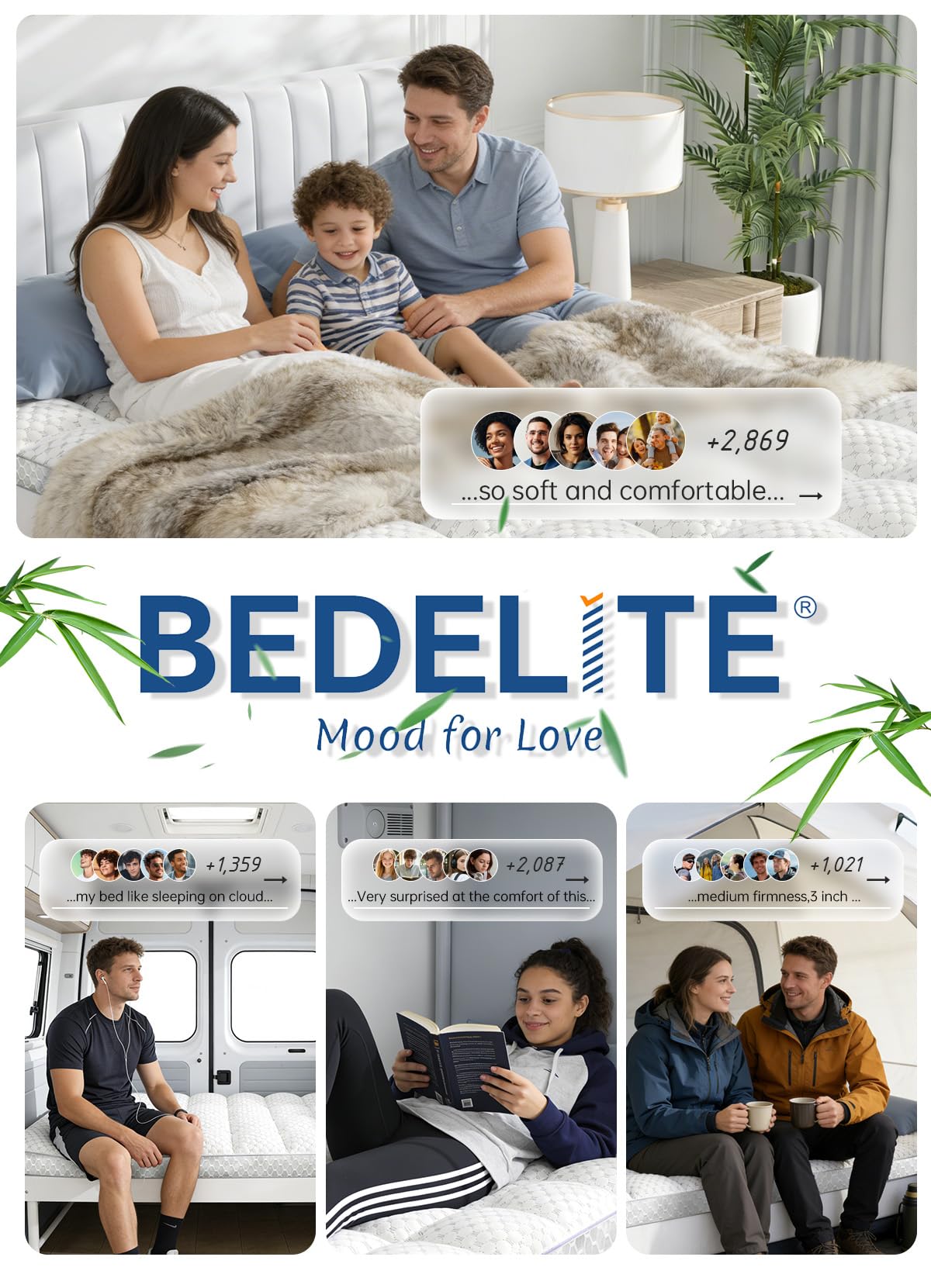 BEDELITE Queen Mattress Topper 3 Inch Thick Mattress Pad, Plush Pillow Top Bed Cover with Elastic Deep Pockets 6-24 Inch, Shredded Memory Foam Filling