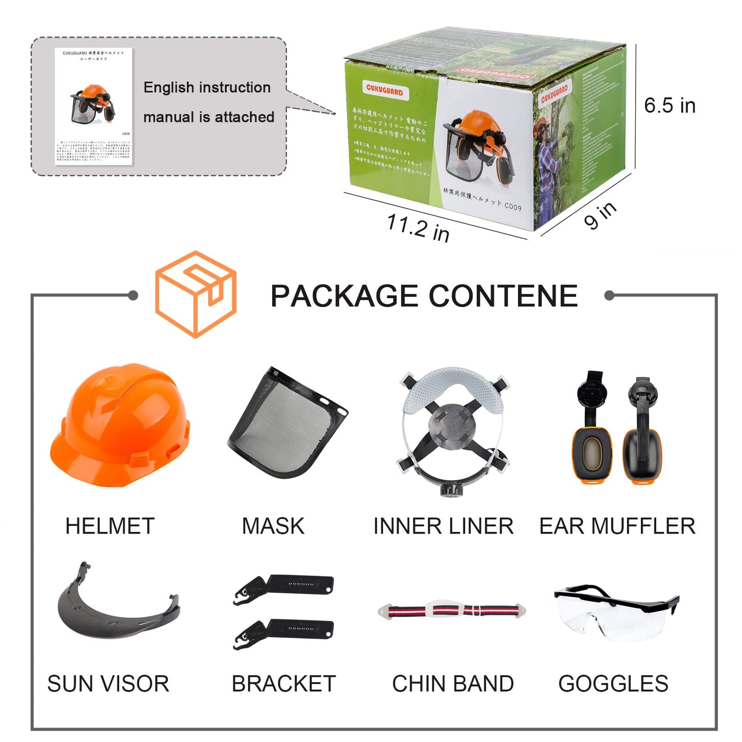 Chainsaw Helmet With Face Shield, Ear Muffs, and Visor Combo Set - Forestry Professional Helmet for Chainsaw Use With Removable Components