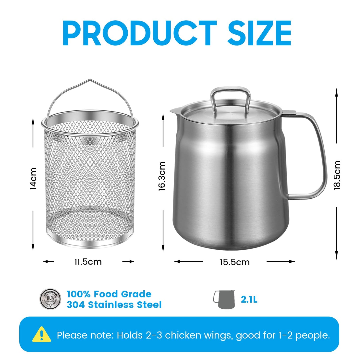 HOMKULA 2-in-1 304 Stainless Steel Multifunctional Oil Strainer Pot, Food Strainer, Large Capacity Oil Filter Pot, Bacon Grease Container with Deep Fryer Basket(2.1L)
