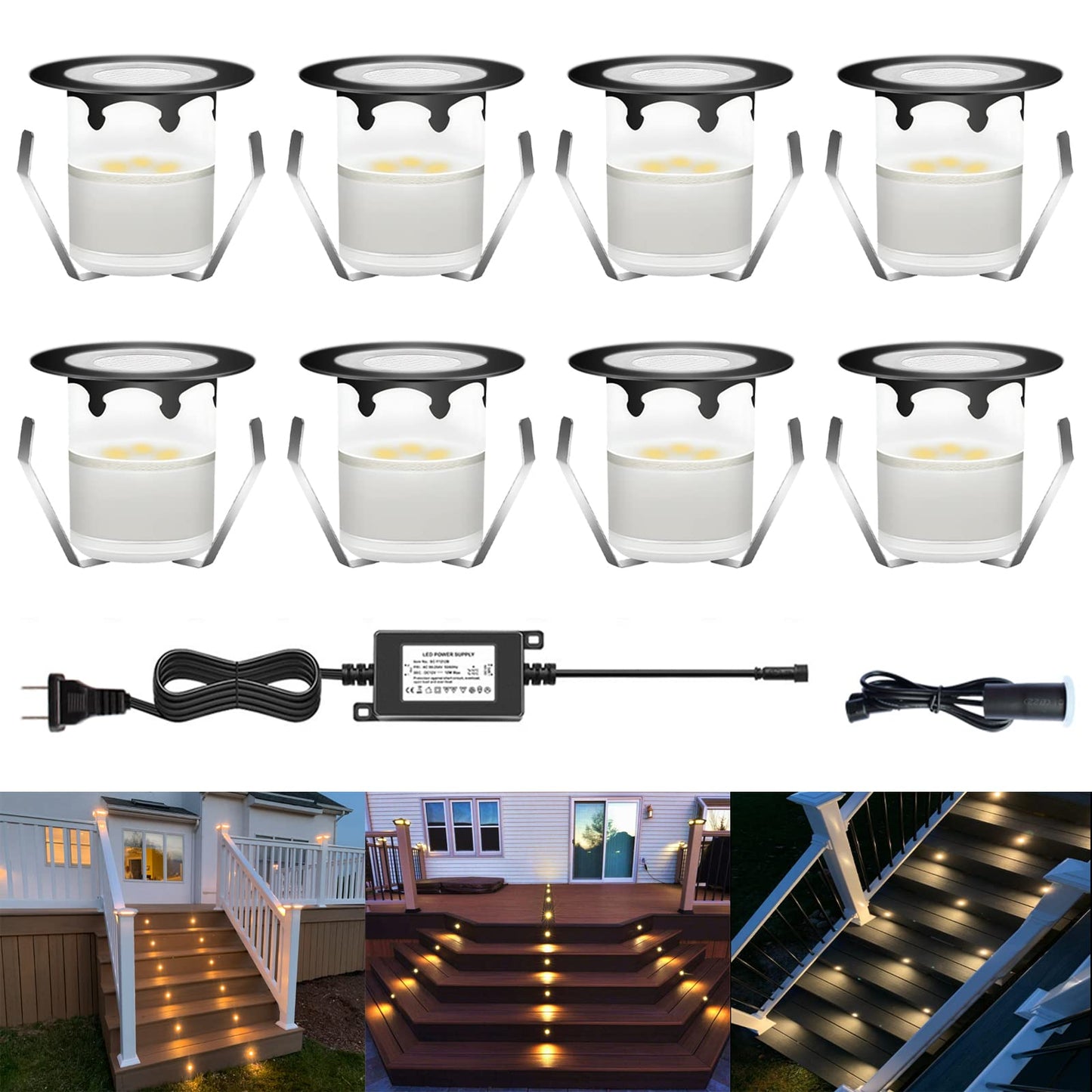 CISLAN LED Outdoor Deck Lights with Photocell, Warm White Φ30mm Low Voltage 12V DC IP67 Waterproof, Electric Wired Recessed Round Up Landscape Lighting for Outside Stair Step Riser, 8 Pack Black