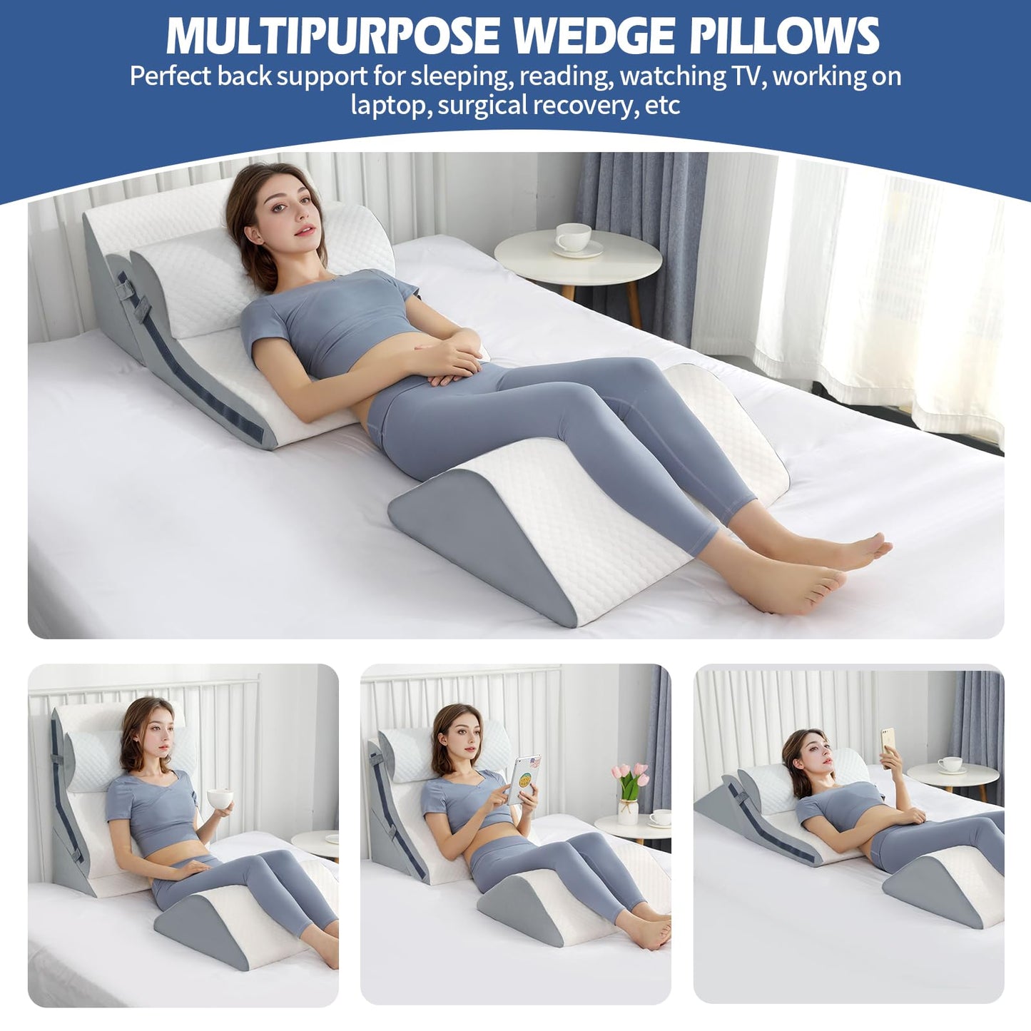 4Pcs Orthopedic Bed Wedge Pillow Set with 4Pcs Replacement Pillowcase, Incline Wedge Pillow for Back Pain Relief/Sleeping/Snoring/Post Surgery/Leg Elevation 20-in-1 Adjustable Memory Foam Wedge Pillow