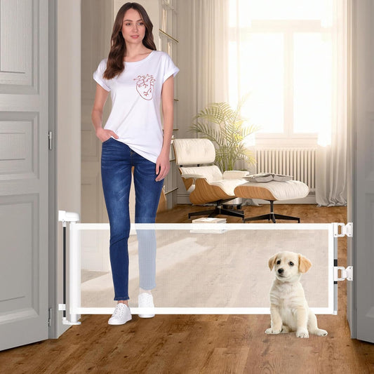 14" H Short Dog Gate - 59" Wide Retractable Mesh Pet Fence, Puppy Gate for Doorways & Stairs