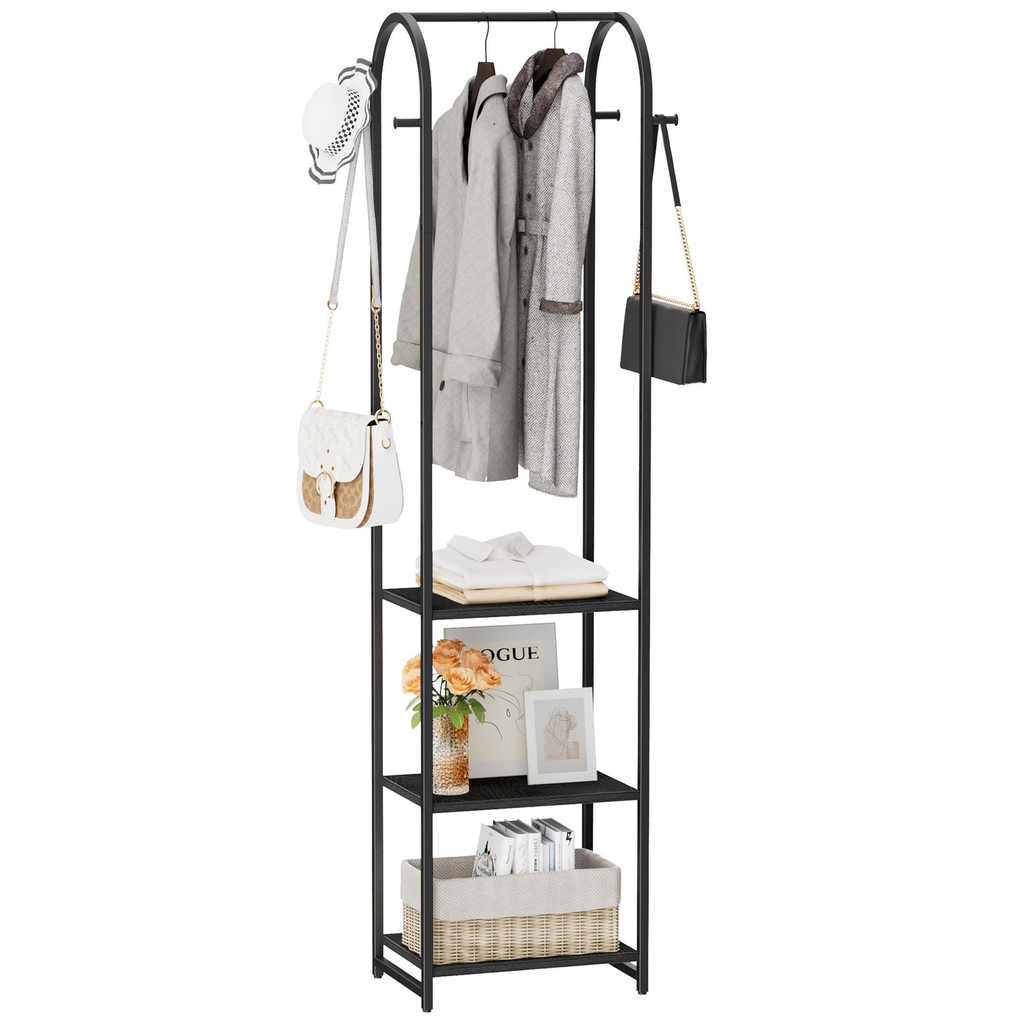 Cerlyunzan Garment Rack, Coat Rack With 3 Shelves and 4 Hooks, 71" H Clothes Stand For Hanging Clothes, Hanging Rod For for Bedroom, Hallway, Entryway, Office, Living Room, Black