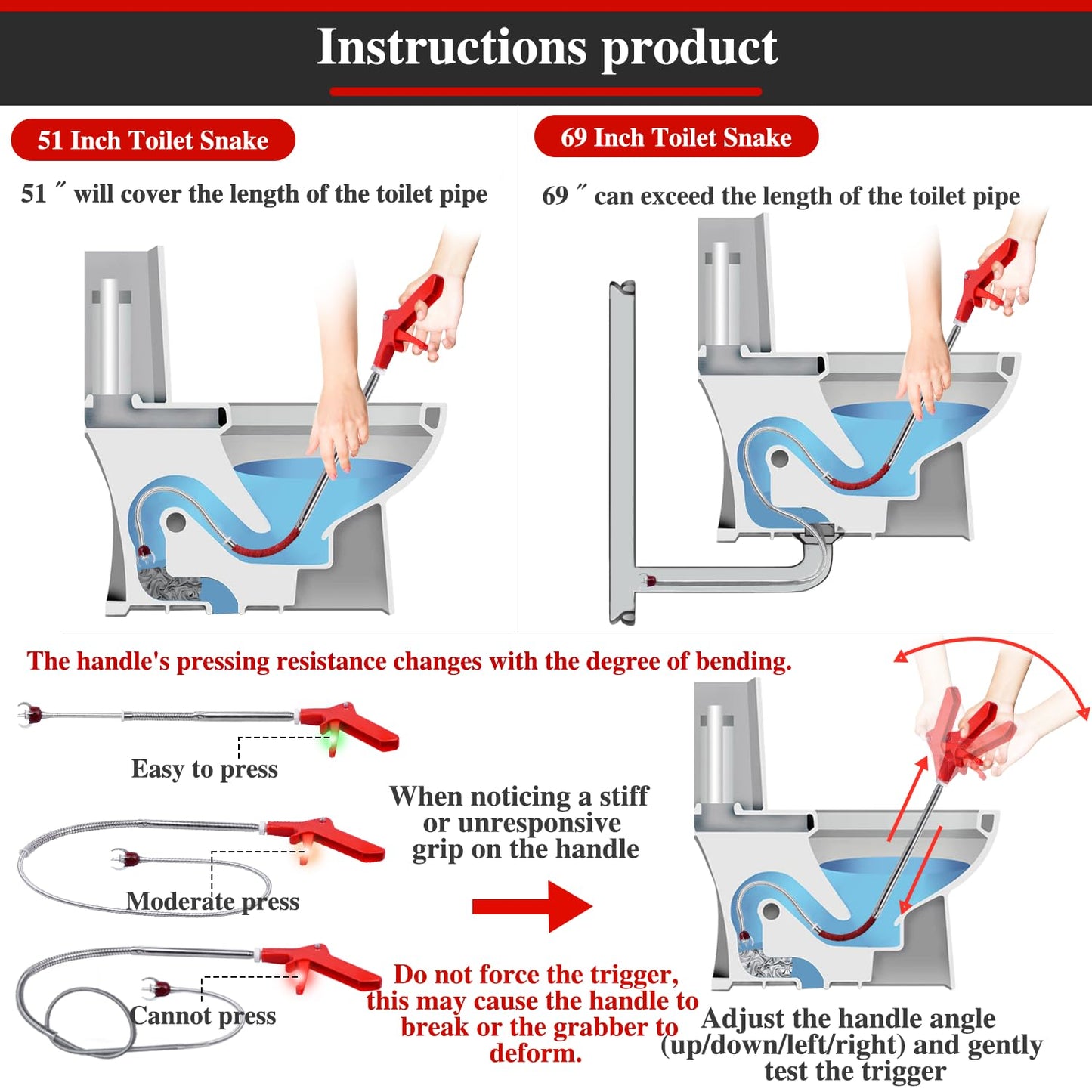 69 Inch Toilet Grabber Tool, Flexible Grabber Unclogger Tool, Four-Claw Picker, Stainless Steel Telescoping Rod, for Pick/Grab Objects Clogged in Toilet Pipes/Drain