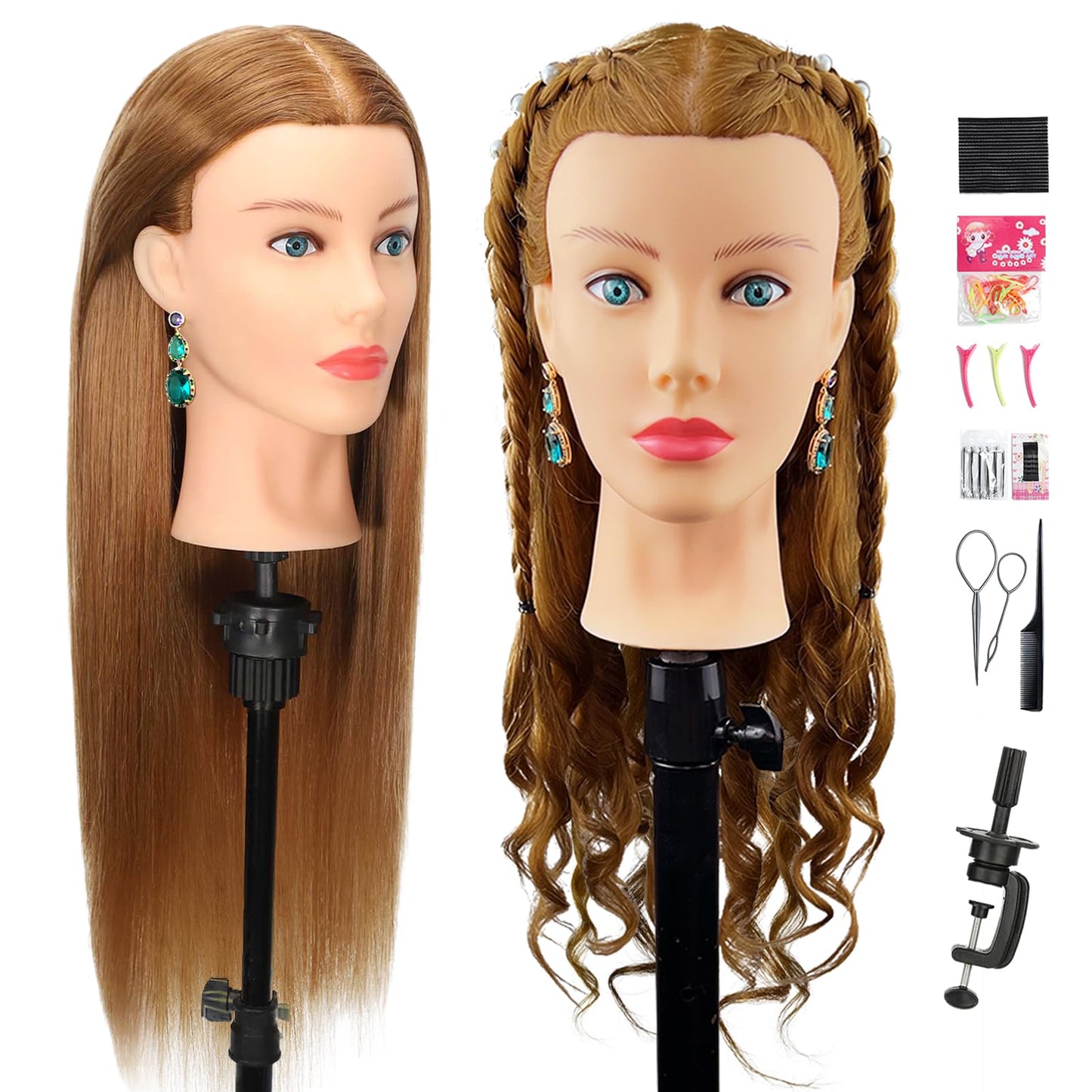 Firstwon Mannequin Head Human Hair- Cosmetology Manikin Doll Head with 80% Real Hair for Hairdresser Practice Styling Braiding & Free Clamp Holder (Color #27）