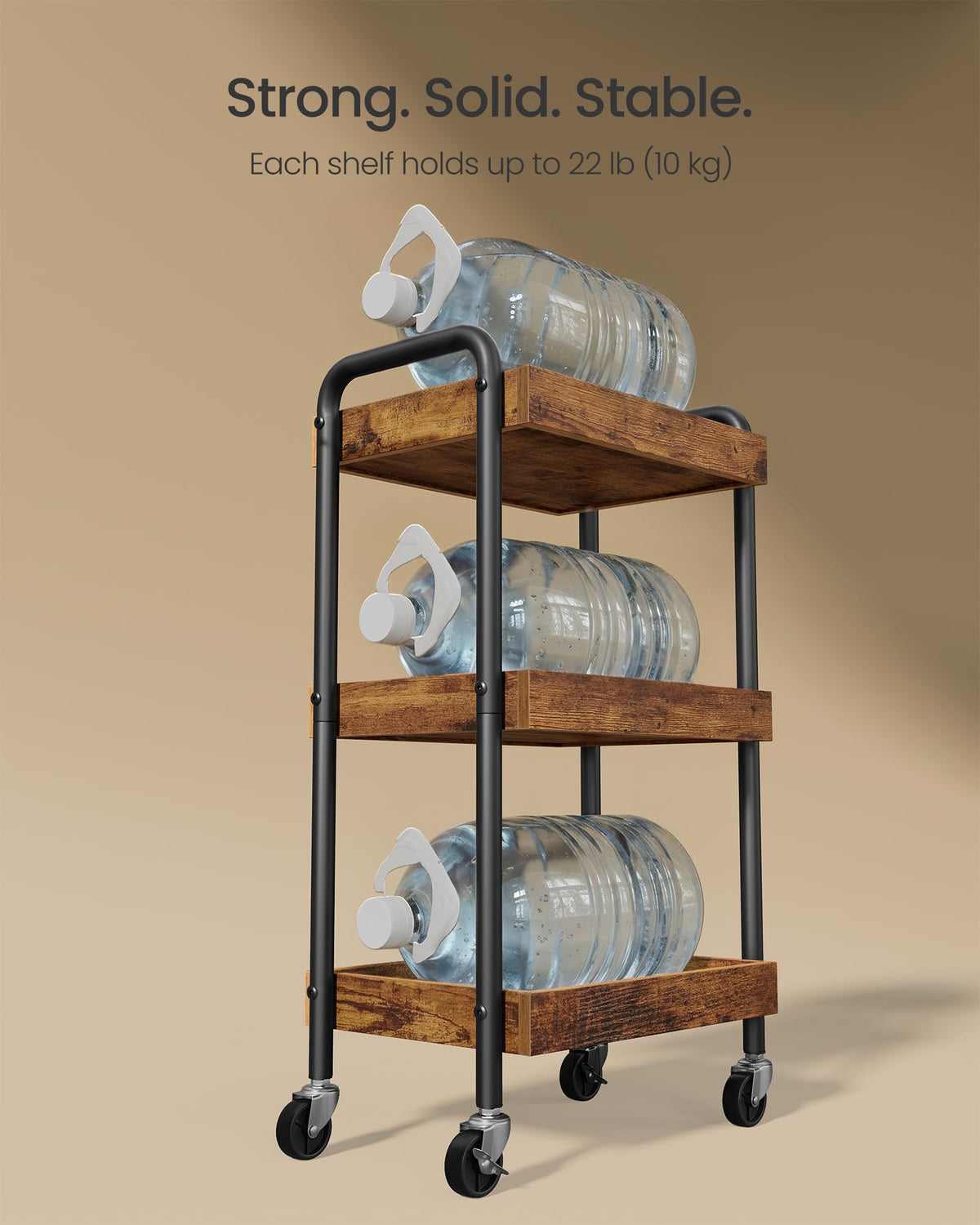 SONGMICS 3-Tier Rolling Cart on Wheels, Kitchen Storage Utility Cart for Bedroom, Bathroom, Study, MDF Shelves with Metal Frame and Handles, 27.5 x 41.3 x 73 cm, Rustic Brown ULRC081KD01