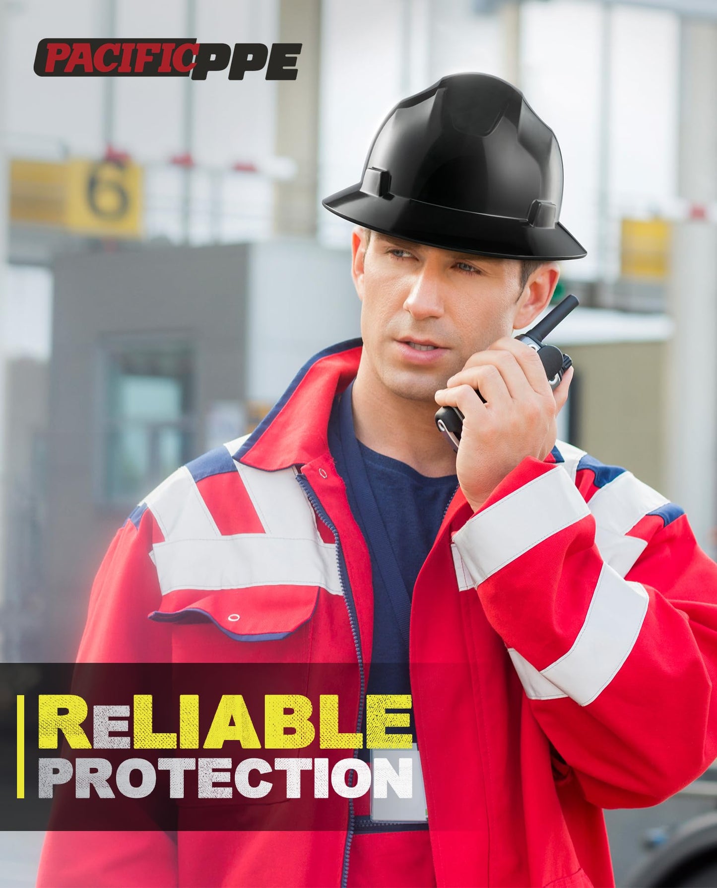 PACIFIC PPE Full Brim Hard Hat, OSHA Construction Safety Helmet Certified to ANSI Z89, 4 Point Adjustable Ratchet Suspension, Class E, G & C, Black