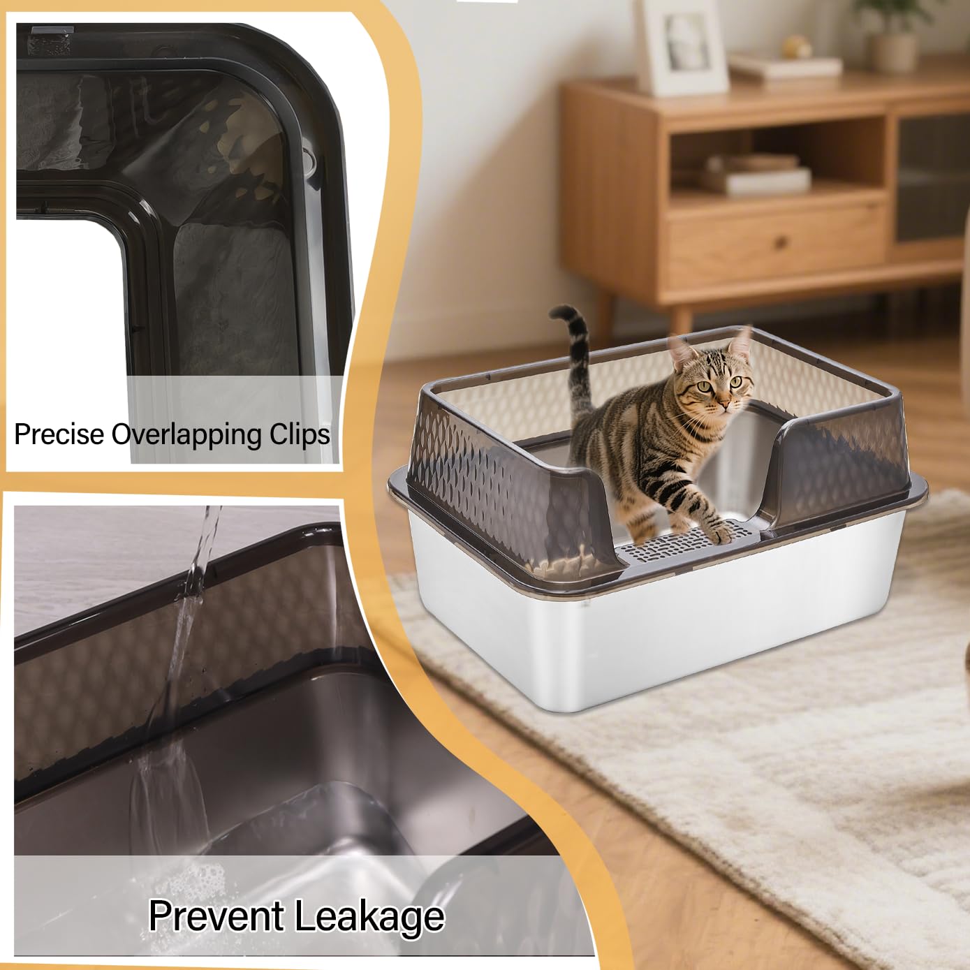 Kittenhood Enclosed High Sided Stainless Steel Litter Box with Lid Scoop and Pads for Cats, 50cm* 35cm* 25.5cm Transparent Black Easy Clean Metal Kitty Litter Box