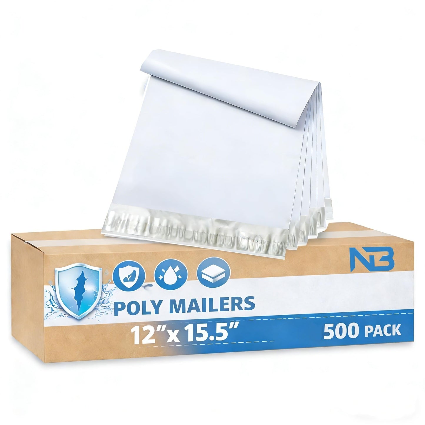 NB 12x15.5 Inch – 500 Pcs White Poly Mailers Strong Adhesive Self-Seal Shipping Envelopes, Tear & Water Resistant Packaging for E-Commerce and Small Business