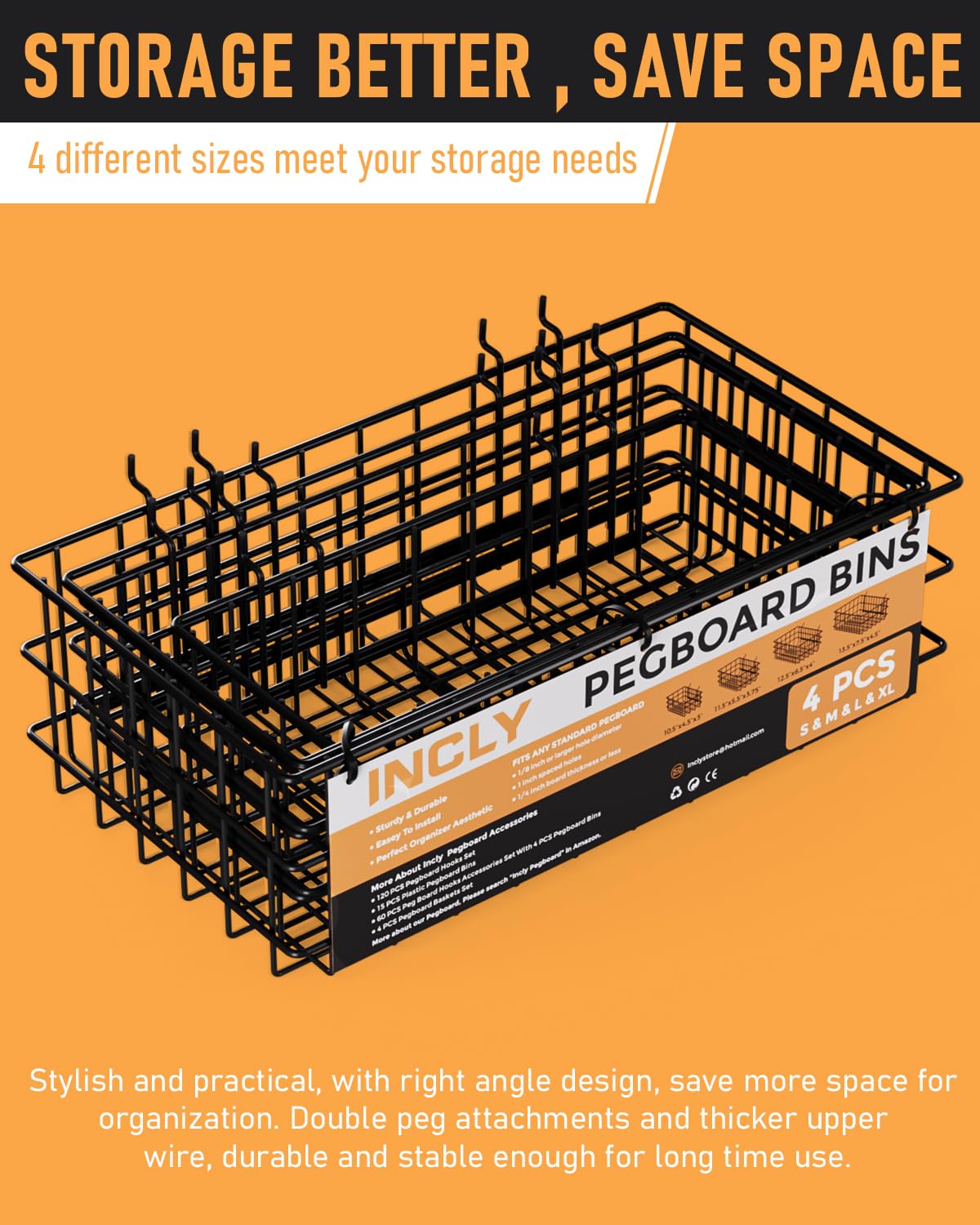 INCLY 4 Pack Pegboard Baskets Bins Set, 4 Size Square Style Black Metal Wire Pegboard Bins for Peg Board Organizing Tools, Peg board Accessories for Workbench Garage Wall Storage Attachments