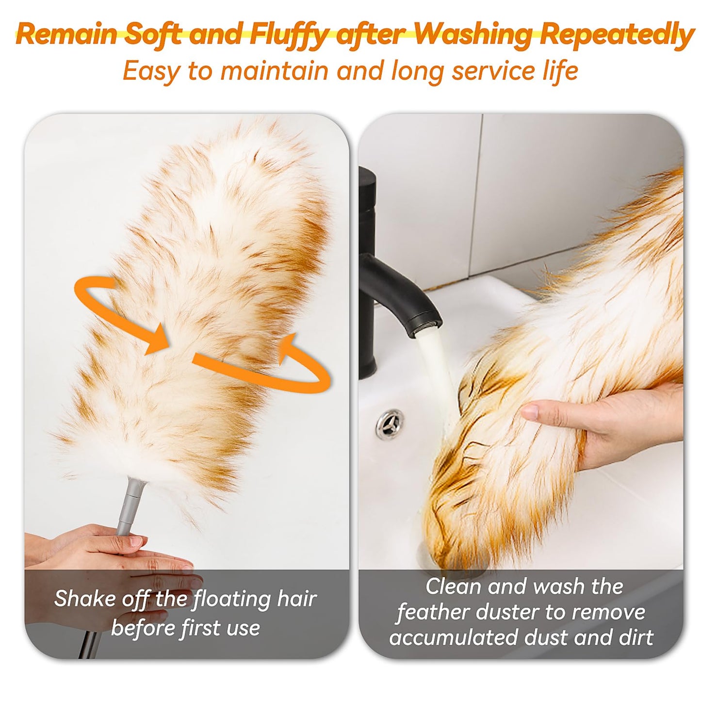 Lambswool Duster with Extension Pole up to 88.58” - Natural Feather Dusters Long Handle Stainless Steel, Fluffy Feather Duster for Cleaning High Ceiling Fans, Window Blinds Shelves, Furniture, Car
