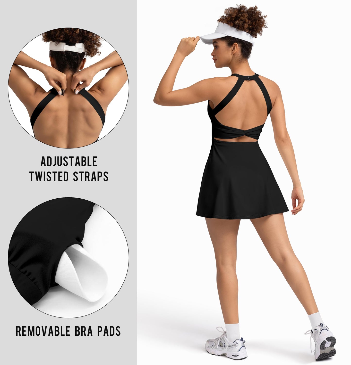 MIRITY Womens Activewear Tennis Dress - Built in Shorts with Pockets and Bra Golf Athletic Workout Dresses, Black, X-Large
