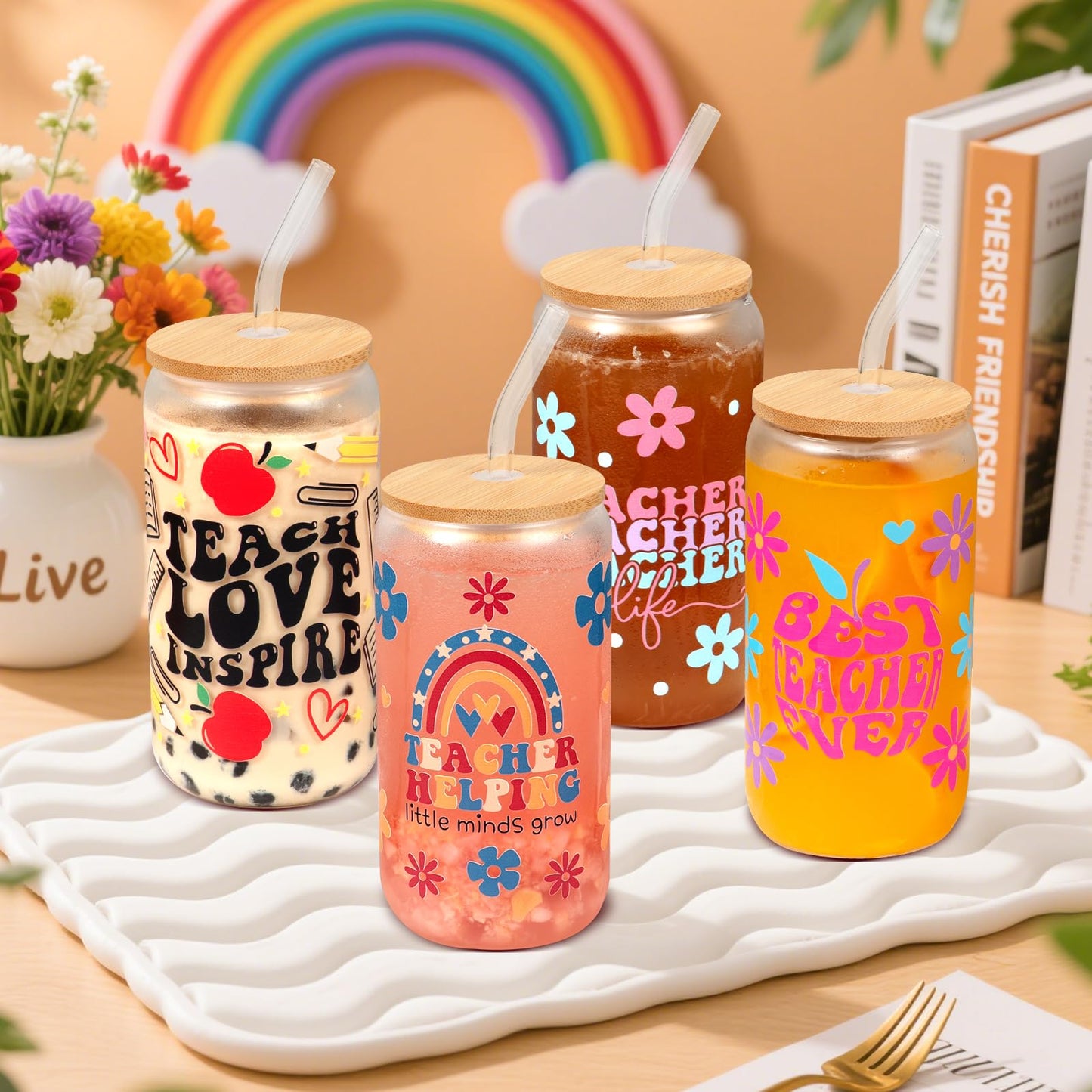 JTAMOHI 4 Set Teacher Appreciation Cup Teacher Can Glass Gifts for Women, Teacher Gifts 16 oz Tumbler with Lids Straws Brushes Thank You Glass Cup Gift for Teacher’s Day Back to School Graduation