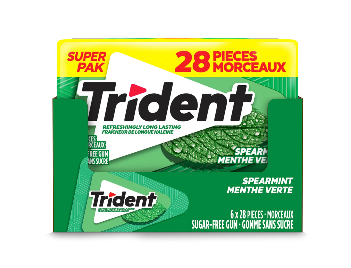 Trident, Spearmint Sugar-free Gum Mega Pack - Box of 6 Packs (168 Pieces)