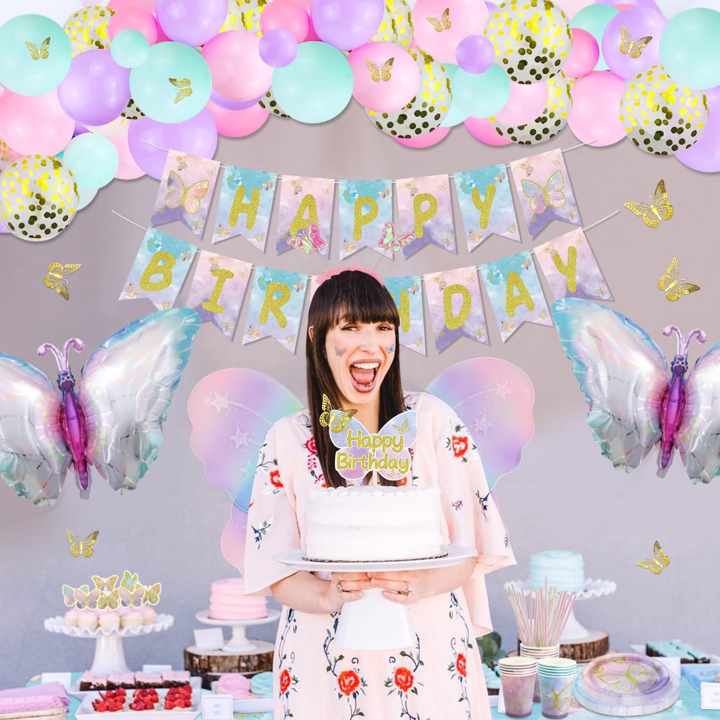 196 Pcs Butterfly Party Decorations - Including Plates, Tablecloth, Balloons, Banner, Butterfly Stickers, Cups, Fairy Wing Set for Princess Fairy Birthday Decorations, Fairy Party Supplies