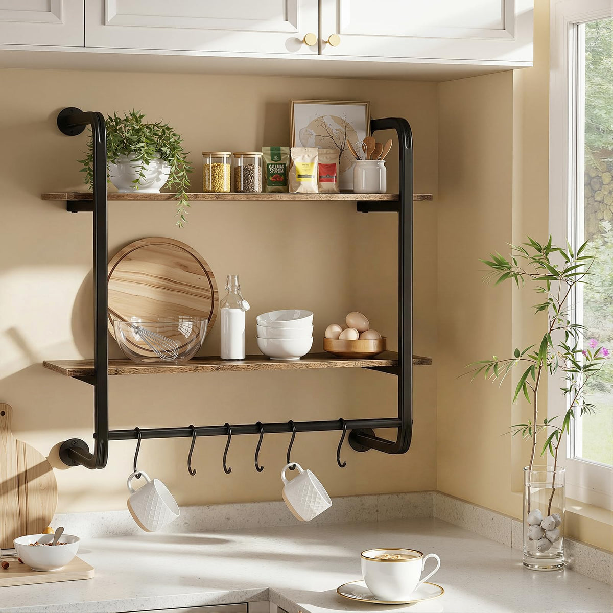 Kssiaz 2 Tier Industrial Pipe Floating Shelf, 24" Kitchen Wall Shelves with Towel Bar & 6 Hooks, Coffee Bar Shelves Display Bookshelf Wall Shelf for Kitchen, Bathroom, Home Décor, Rustic Brown