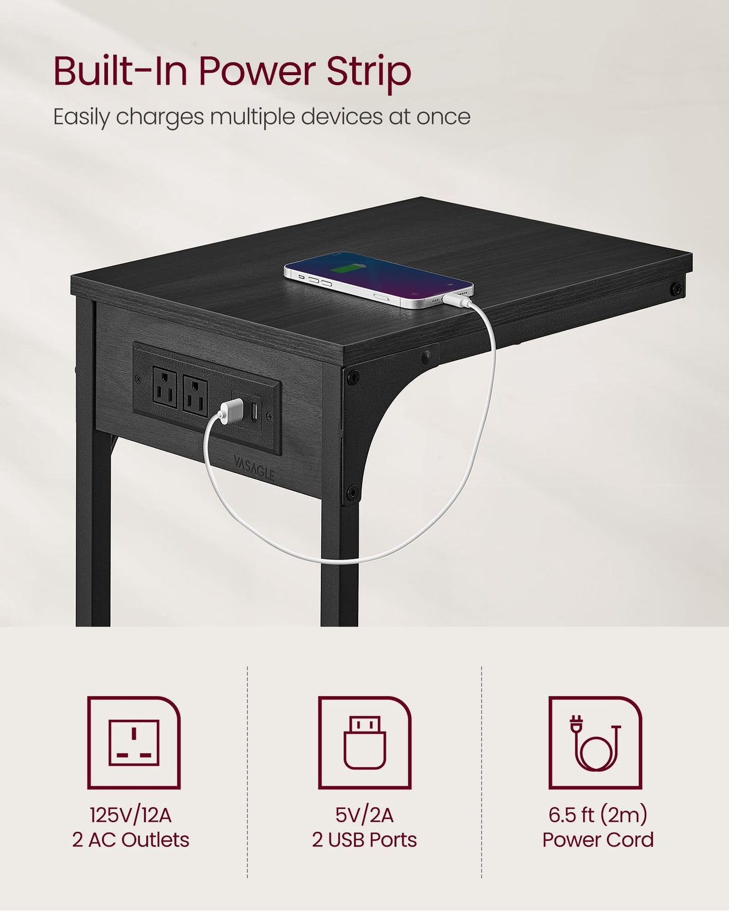 VASAGLE C-Shaped End Table for Couch, Sofa Side Table with Charging Station, Metal Frame, for Living Room, Bedroom, Gray Oak and Ink Black ULET362G01