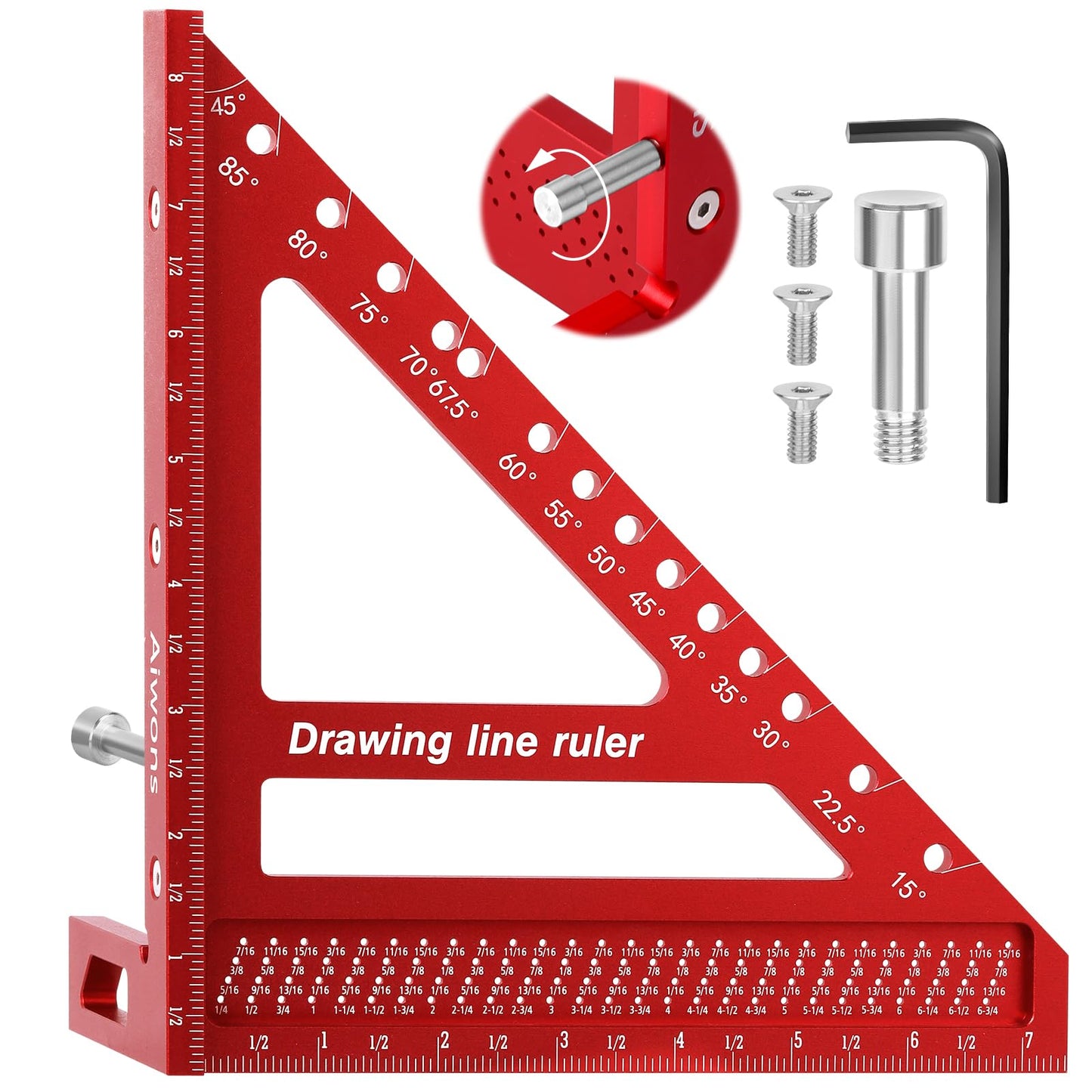 Aiwons 8.5 inch 3D Multi-Angle Measuring Ruler -Large Precision Woodworking 3D Square Protractor 15-90 Degree and Miter Triangle - Aluminum Alloy Drawing Line Ruler for Engineer Carpenter Red