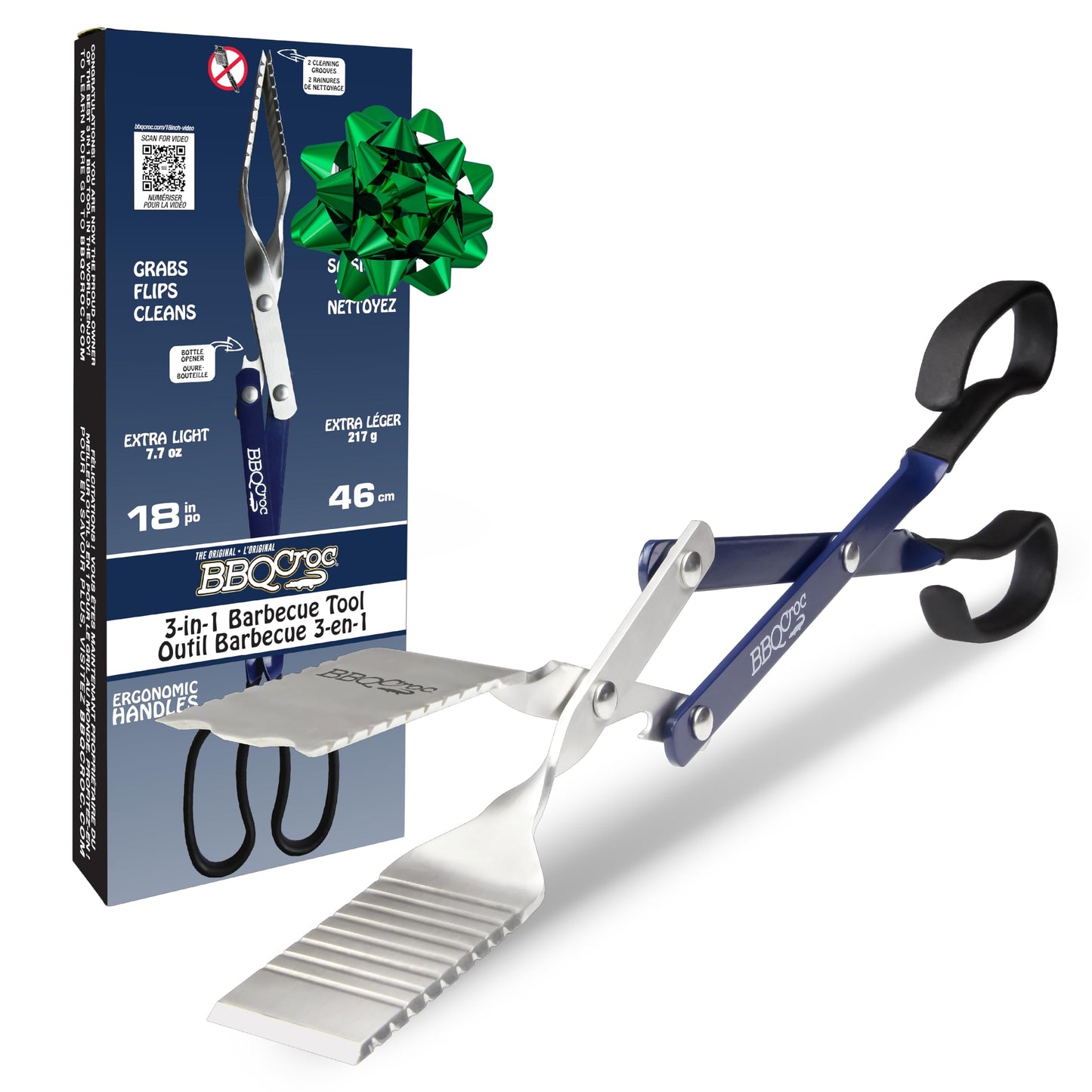 BBQ Croc 3 in 1 Barbecue Tool 18-inch - Light and Long Tongs, Spatula and Grill Scraper (Blue) (18 inch Without Flashlight)