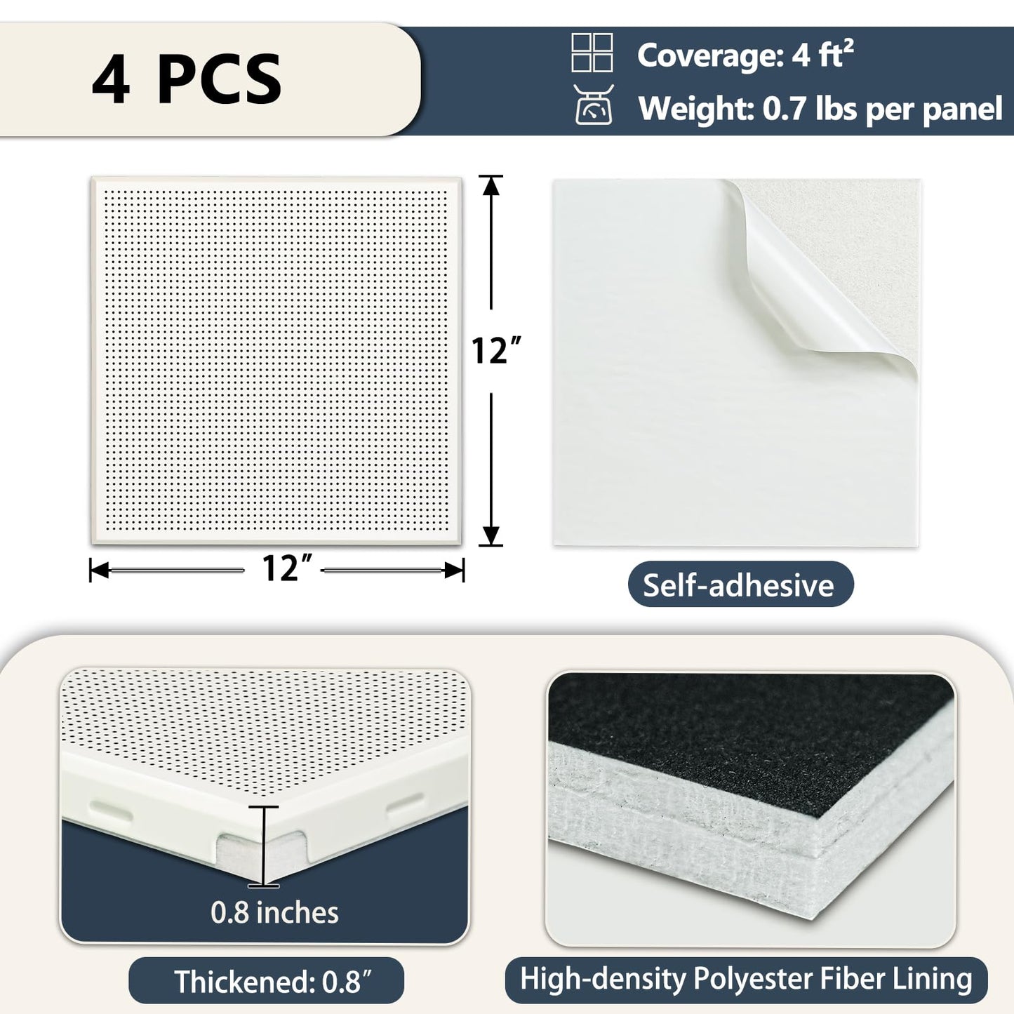 TroyStudio Perforated Aluminum Acoustic Panels, 4 Pcs 12" x 12" x 0.8" Self-adhesive Sound Absorbing Panels, Easy Clean Soundproof Wall/Ceiling Tiles, Decorative Boards for Home Studio, Gaming Room